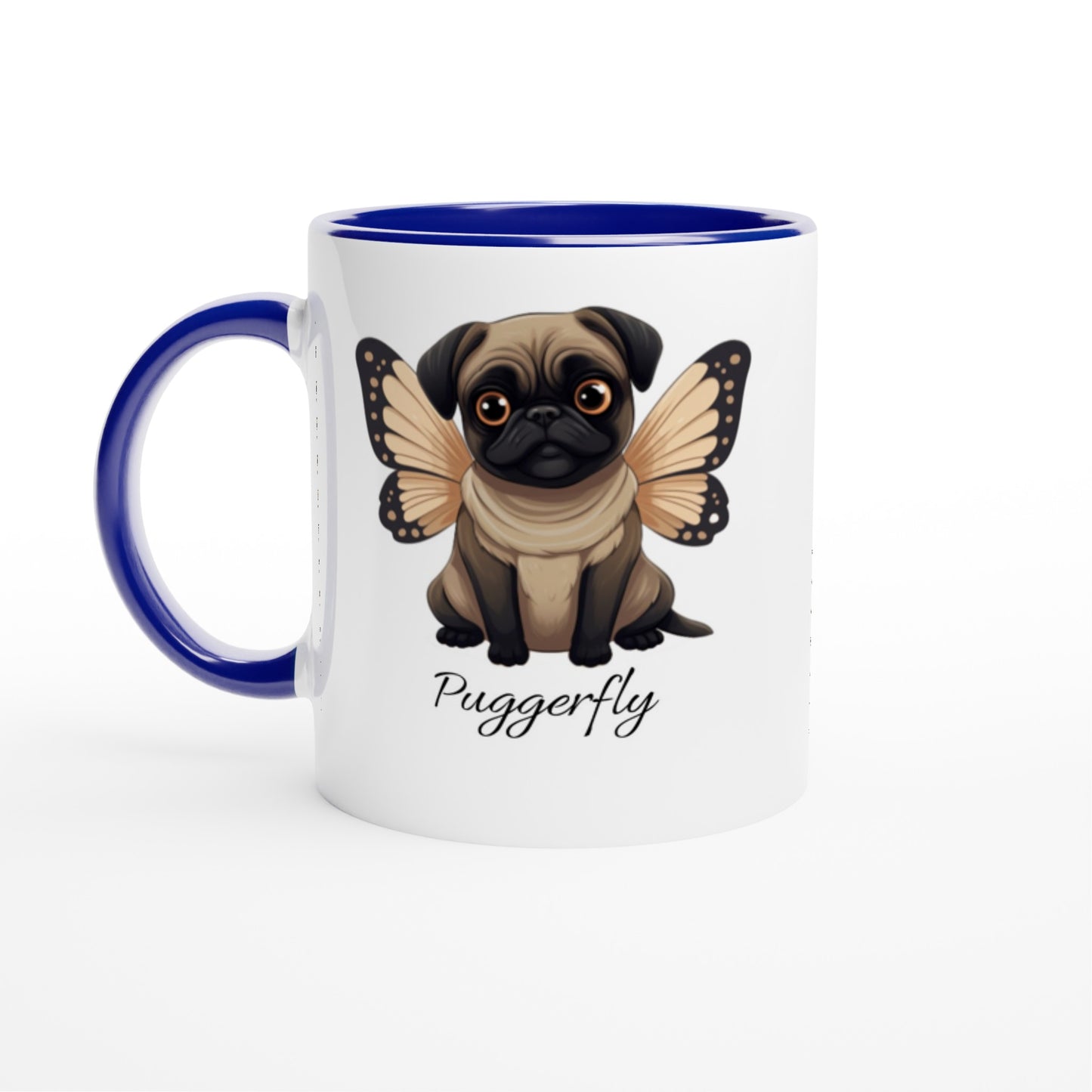 Puggerfly -- White 11oz Ceramic Pug Mug with Color Inside