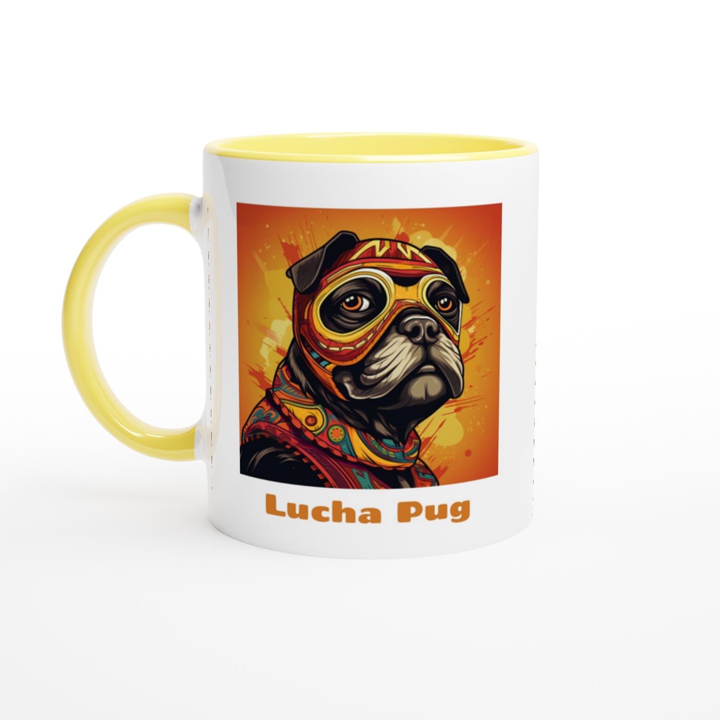 White mug with a yellow handle, rim, and inside with the bust of a cartoon pug wearing an orange, red, and yellow luchador mask and costume on a fiery orange and yellow background