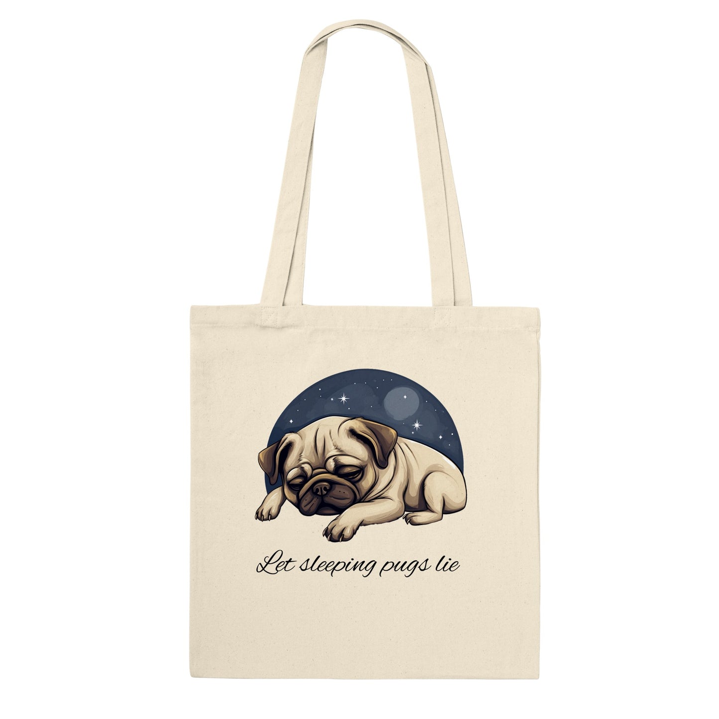 Classic beige tote bag with a cartoonish picture of a sleeping pug surrounded by a half-circle of starry night sky with the words "Let sleeping pugs lie" under the image in cursive lettering.