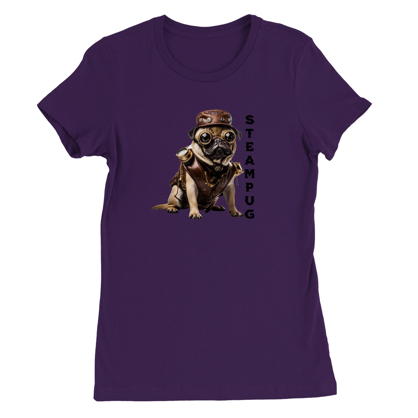 Purple t-shirt with a pug dressed in a steampunk-style  outfit, goggles, and hat with the word "Steampug" written down the right side of the image.