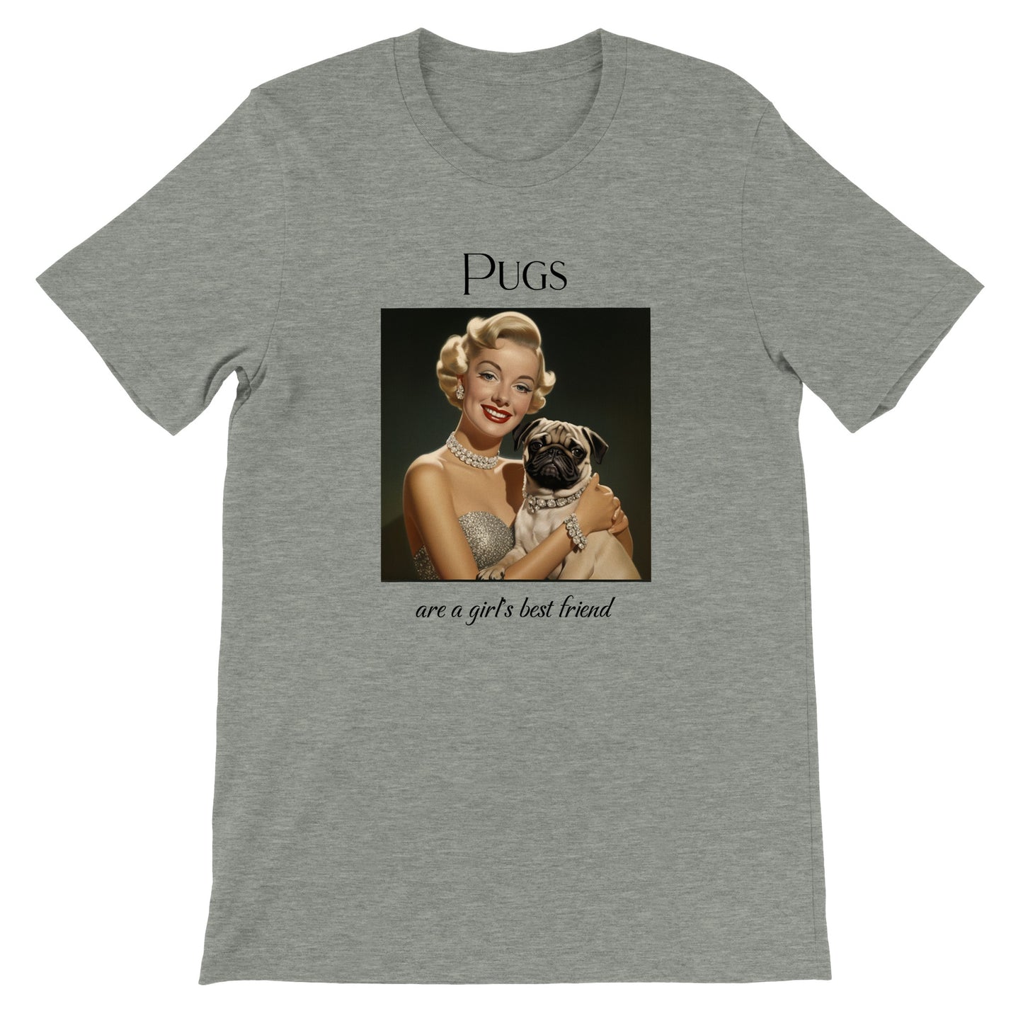 Athletic heather gray t-shirt with Image of Marilyn Monroe wearing a chunky diamond necklace and bracelet and holding a fawn-colored pug who is wearing a matching diamond collar. The word "Pugs" is above the image and the words "are a girl's best friend" are under the image.