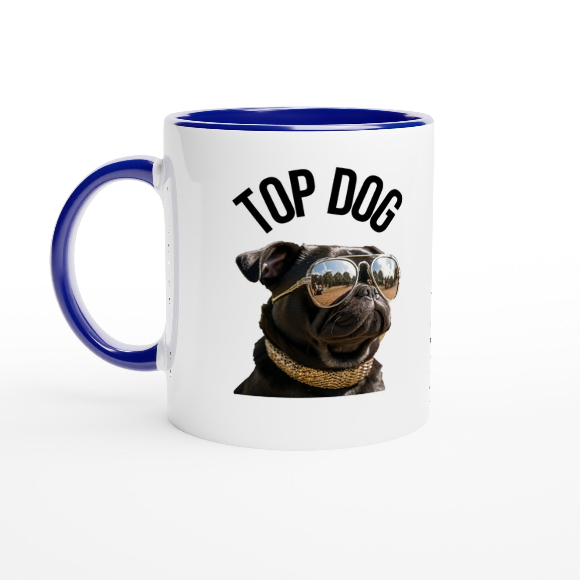 White mug with blue handle, rim, and inside with the image of a black pug wearing reflective aviator sunglasses and a gold collar. The words "Top Dog" are written in an arc above the image.