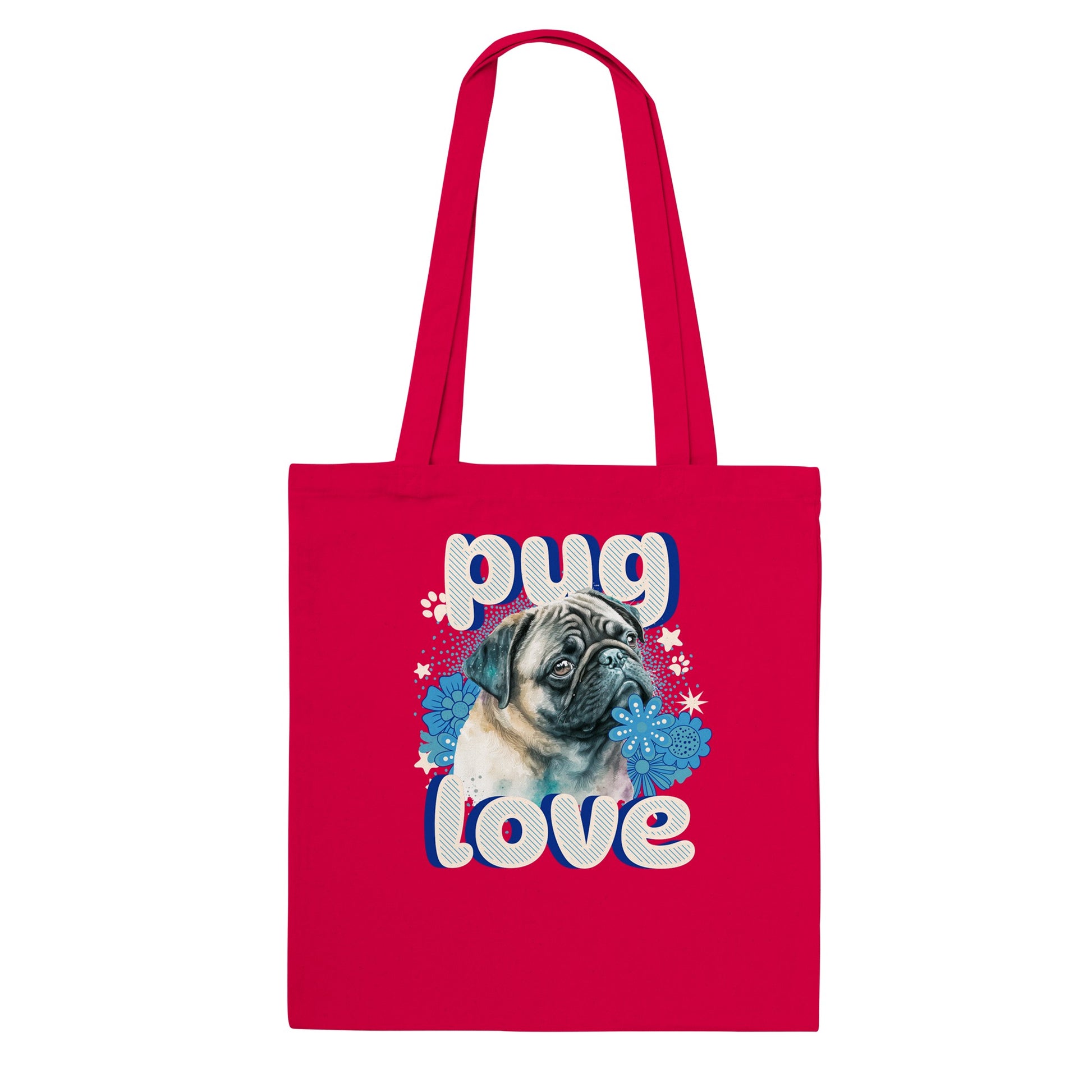 Red tote bag with a pug's head and shoulders surrounded by blue flowers and white stars and paw prints with the word "pug" above and the word "love" below in puffy bubble letters.