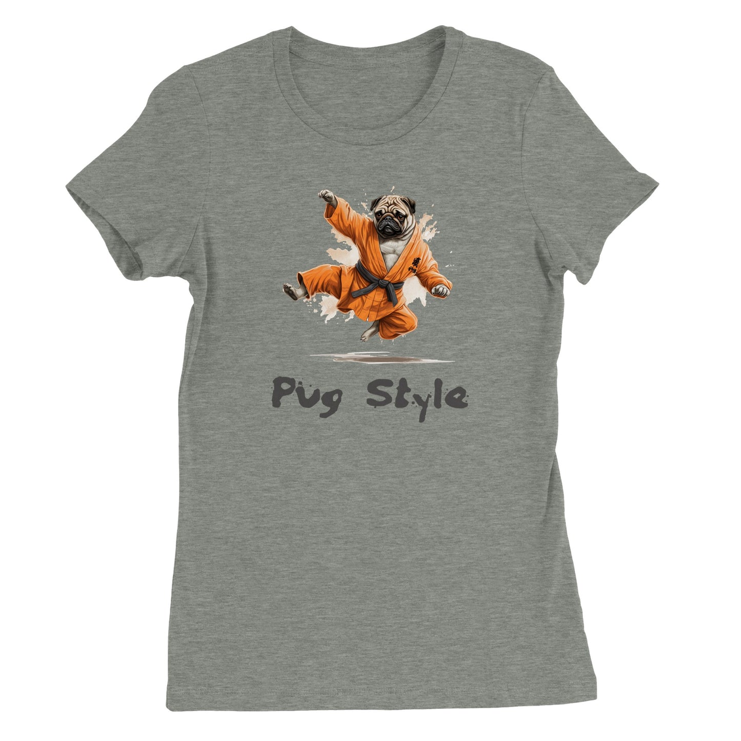 Athletic heather gray t-shirt with a picture of a cartoon pug wearing an orange gi and doing a flying sidekick with the words "Pug Style" written underneath.