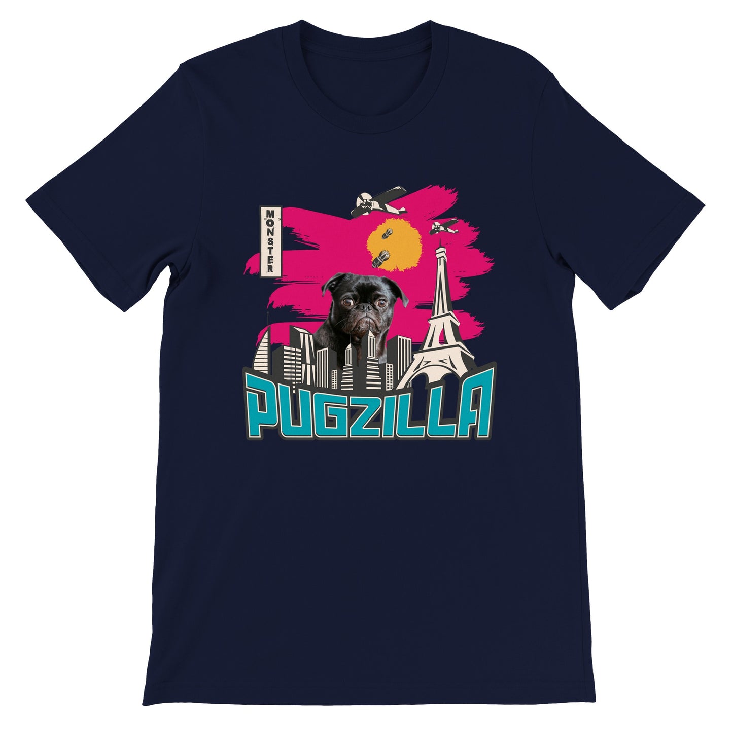 Navy t-shirt with the image of a black pug standing over a cityscape under a pink sky with jets dropping bombs on him and with the word "Pugzilla" under it.