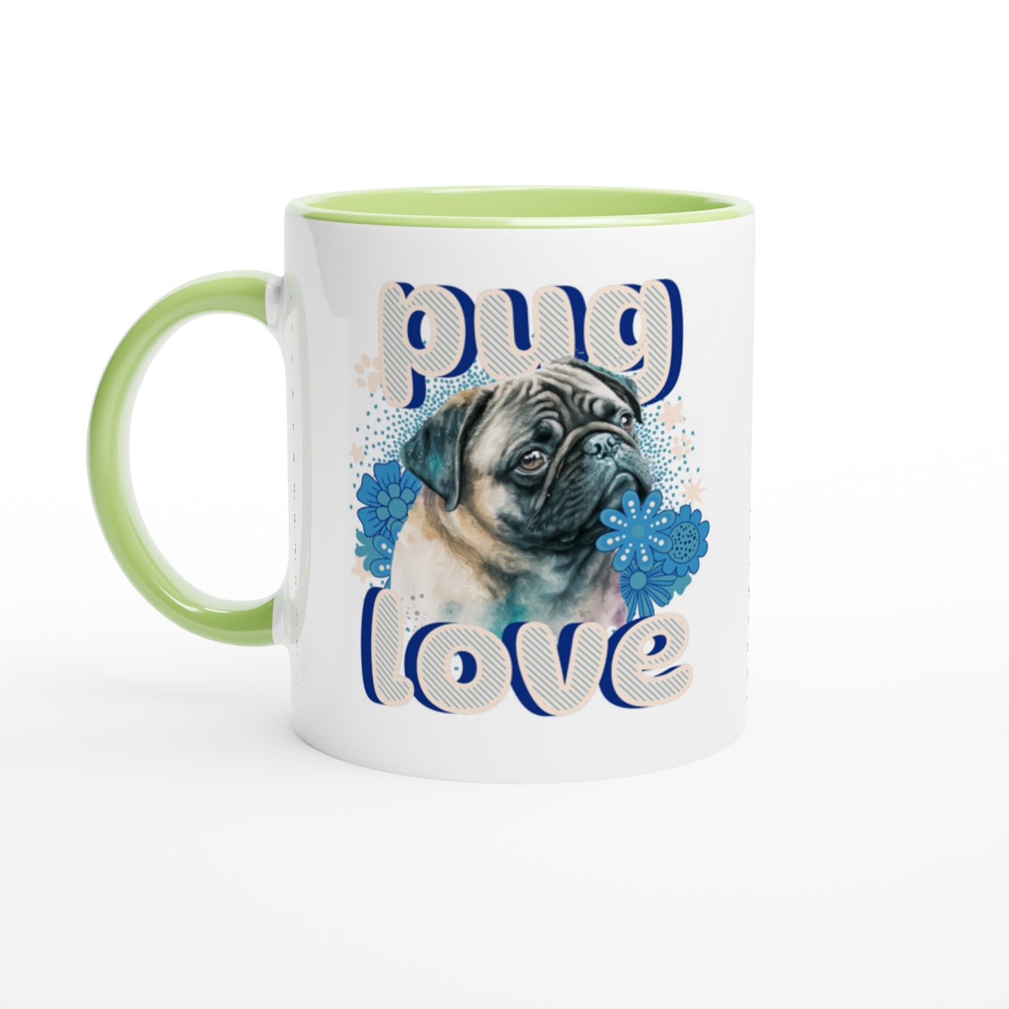 White mug with a light green handle, rim, and inside with the design of a pug's head and shoulders surrounded by blue flowers and white stars and paw prints with the word "pug" above and the word "love" below in puffy bubble letters.