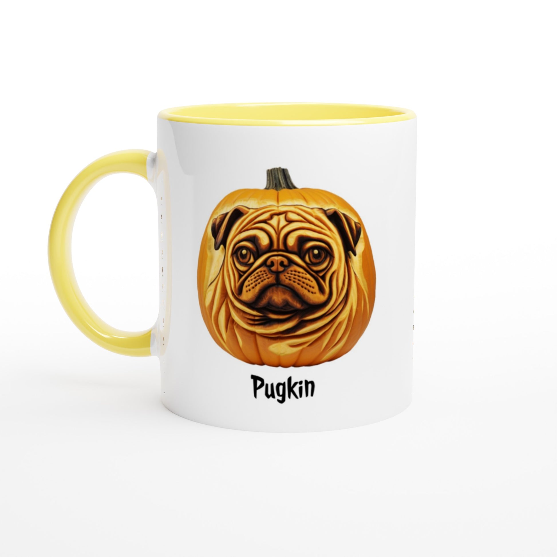 White ceramic mug with a yellow handle, rim, and inside with a pumpkin that has the face of a pug on it. The word Pugkin is written beneath the image.