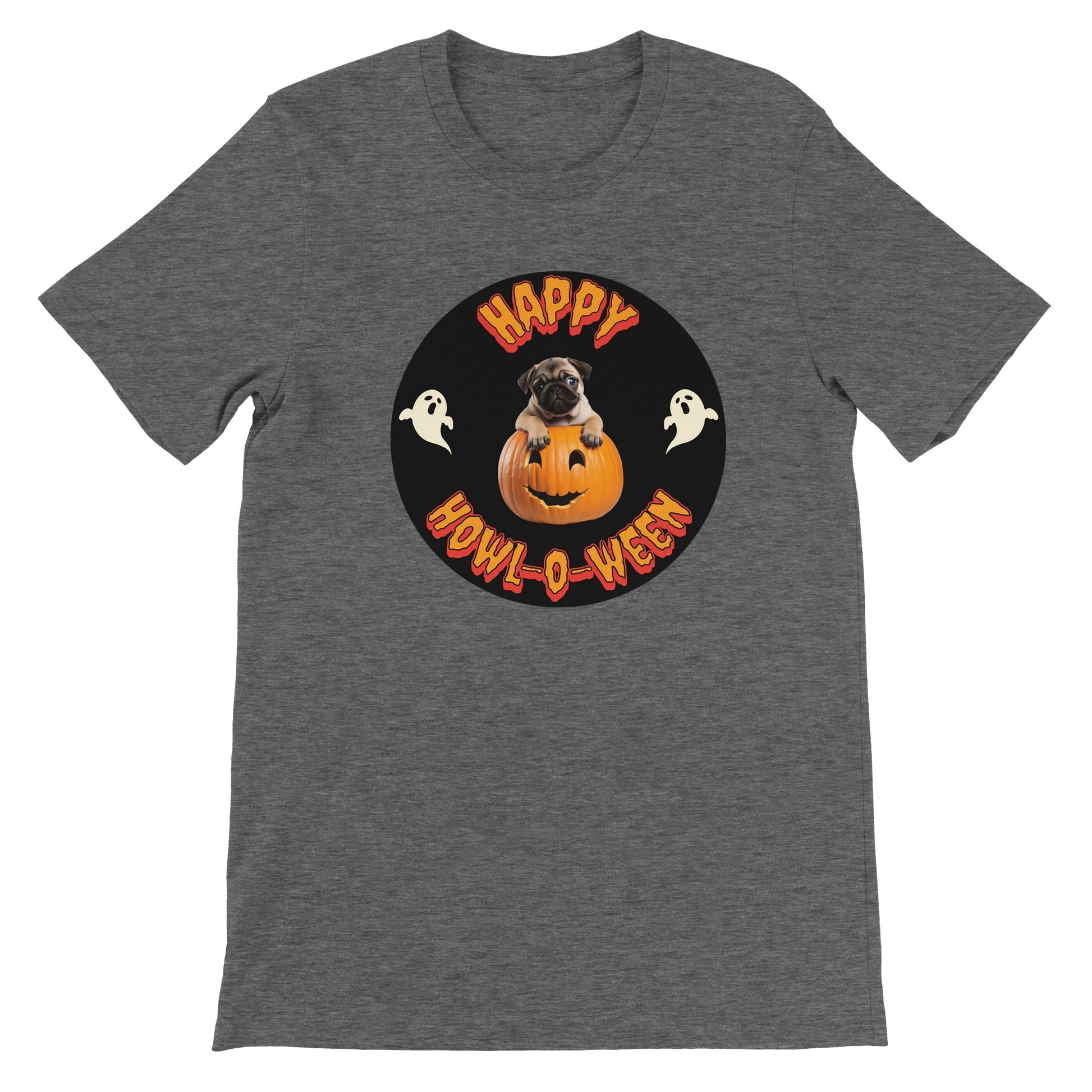 Dark heather gray t-shirt with a black circle in the middle. Centered in the circle is a pug puppy climbing out of a jack-o-lantern with the word "Happy" in orange spooky letters curved above the image and "Howl-o-ween" in orange spooky letters curved below the image and a white ghost on either side of the image.