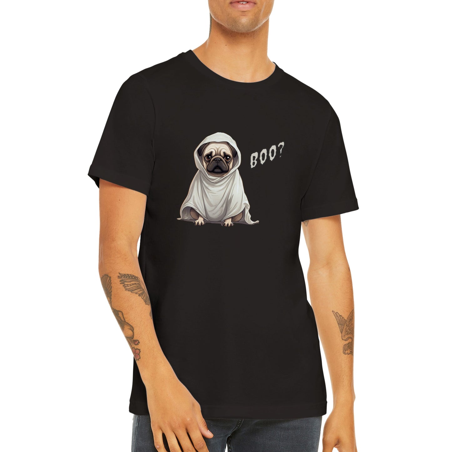 Torso of a young man wearing a black t-shirt with a fawn-colored cartoon-style pug on it. The pug has a concerned expression and is wearing a ghost costume. The word "Boo?" is on the right side of the image.