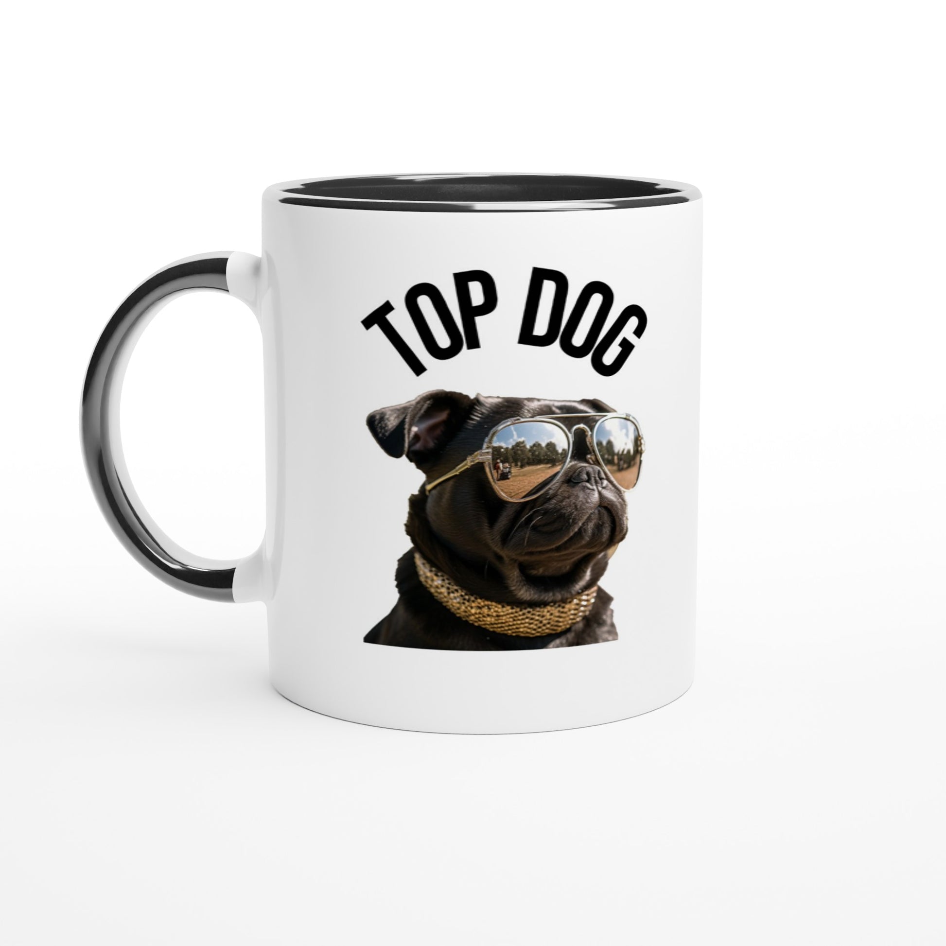 White mug with black handle, rim, and inside with the image of a black pug wearing reflective aviator sunglasses and a gold collar. The words "Top Dog" are written in an arc above the image.