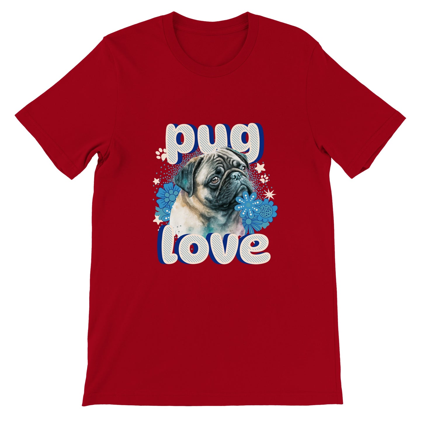 Red t-shirt with a pug's head and shoulders surrounded by blue flowers and white stars and paw prints with the word "pug" above and the word "love" below in puffy bubble letters.