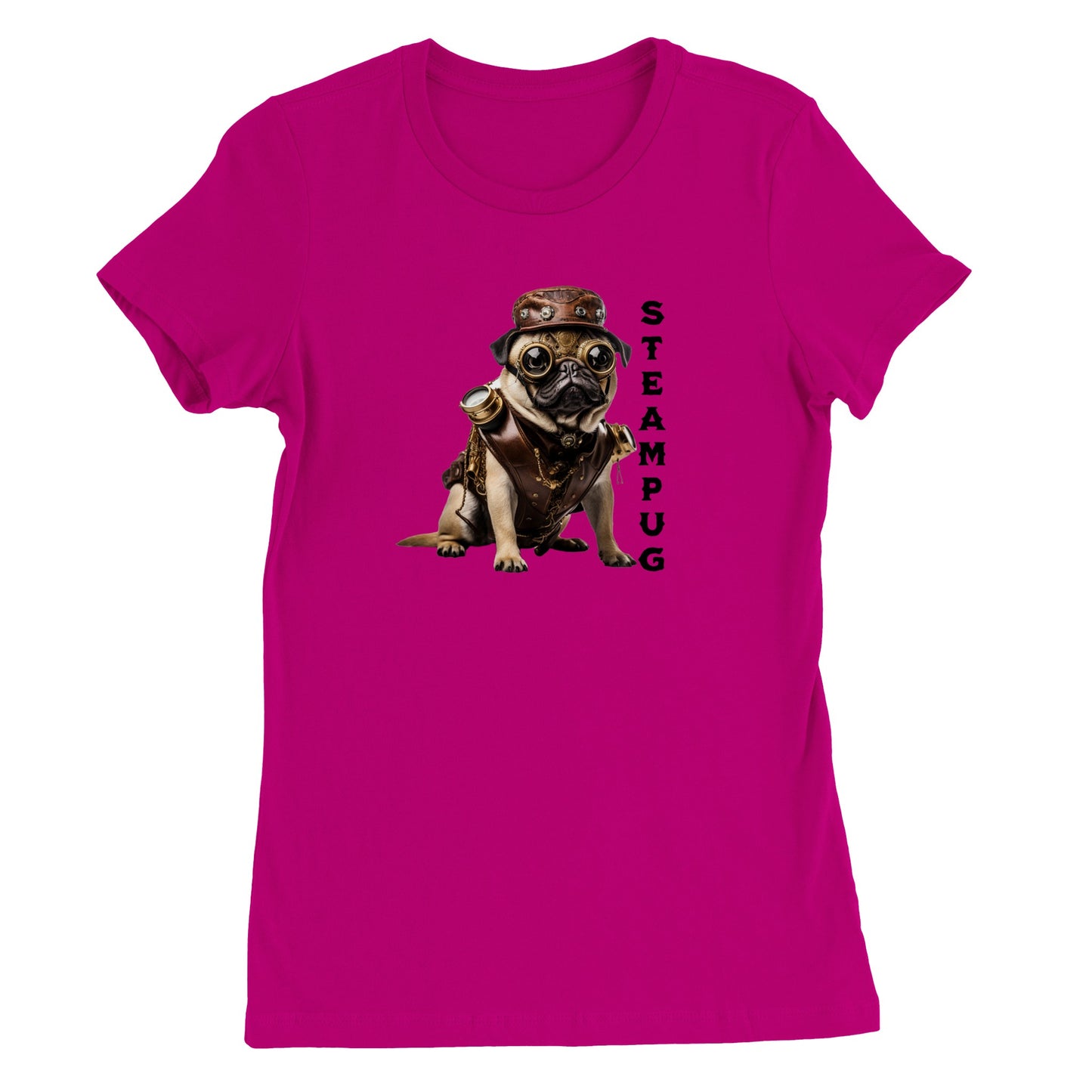 Dark pink t-shirt with a pug dressed in a steampunk-style  outfit, goggles, and hat with the word "Steampug" written down the right side of the image.