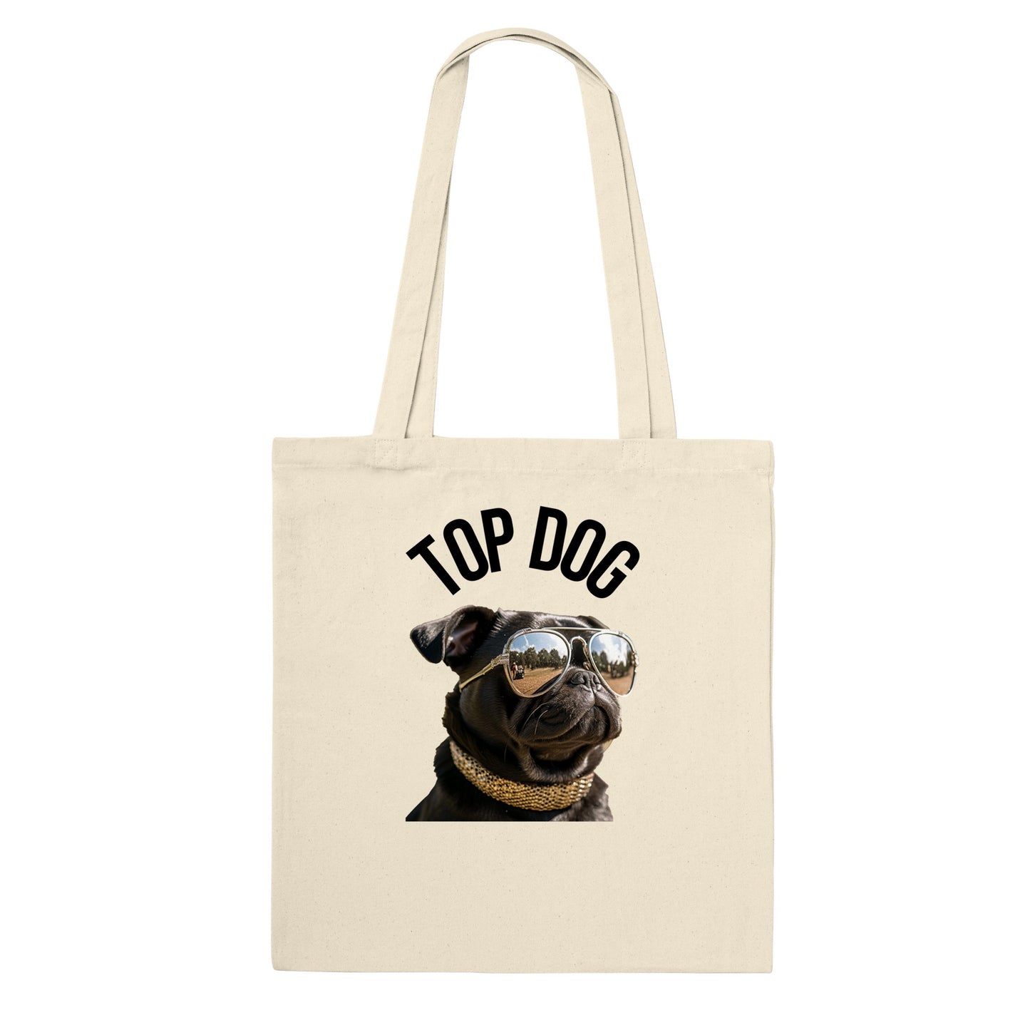 Natural beige tote bag with the image of a black pug wearing reflective aviator sunglasses and a gold collar. The words "Top Dog" are written in an arc above the image.