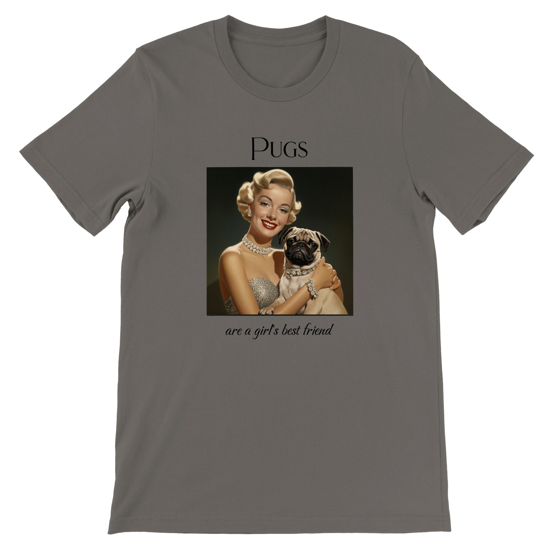 Asphalt colored t-shirt with Image of Marilyn Monroe wearing a chunky diamond necklace and bracelet and holding a fawn-colored pug who is wearing a matching diamond collar. The word "Pugs" is above the image and the words "are a girl's best friend" are under the image.