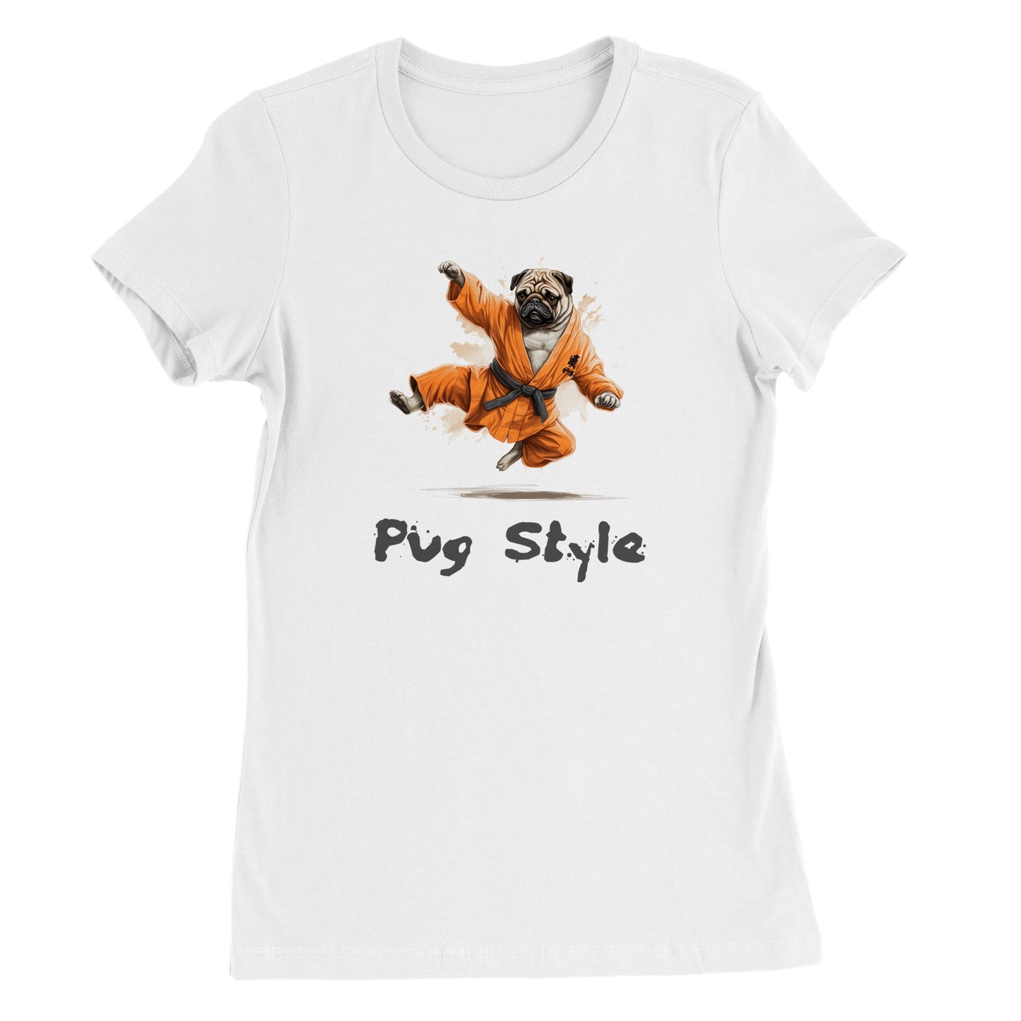 White t-shirt with a picture of a cartoon pug wearing an orange gi and doing a flying sidekick with the words "Pug Style" written underneath.