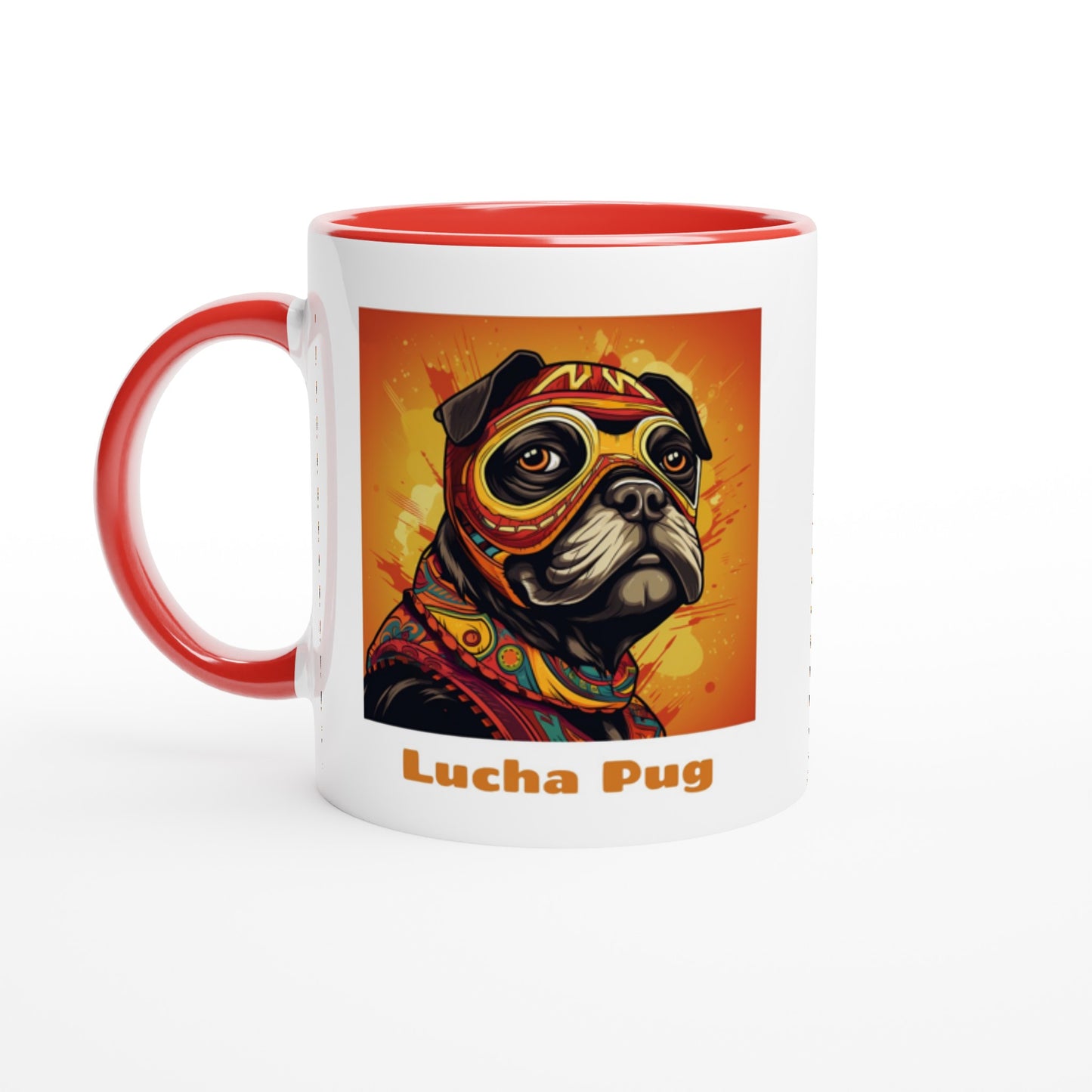 White mug with a red handle, rim, and inside with the bust of a cartoon pug wearing an orange, red, and yellow luchador mask and costume on a fiery orange and yellow background