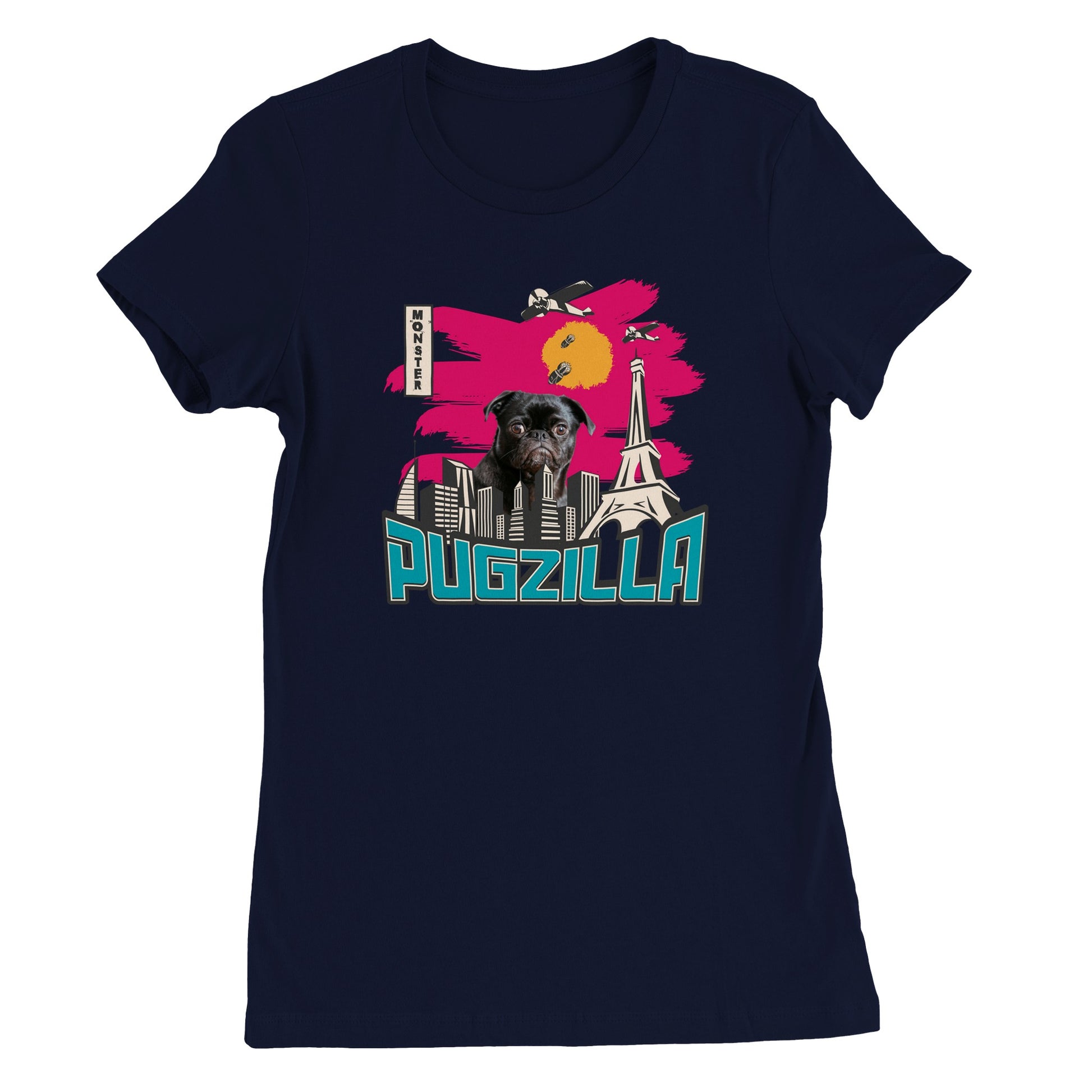 Navy blue t-shirt with the image of a black pug standing over a cityscape under a pink sky with jets dropping bombs on him and with the word "Pugzilla" under it.