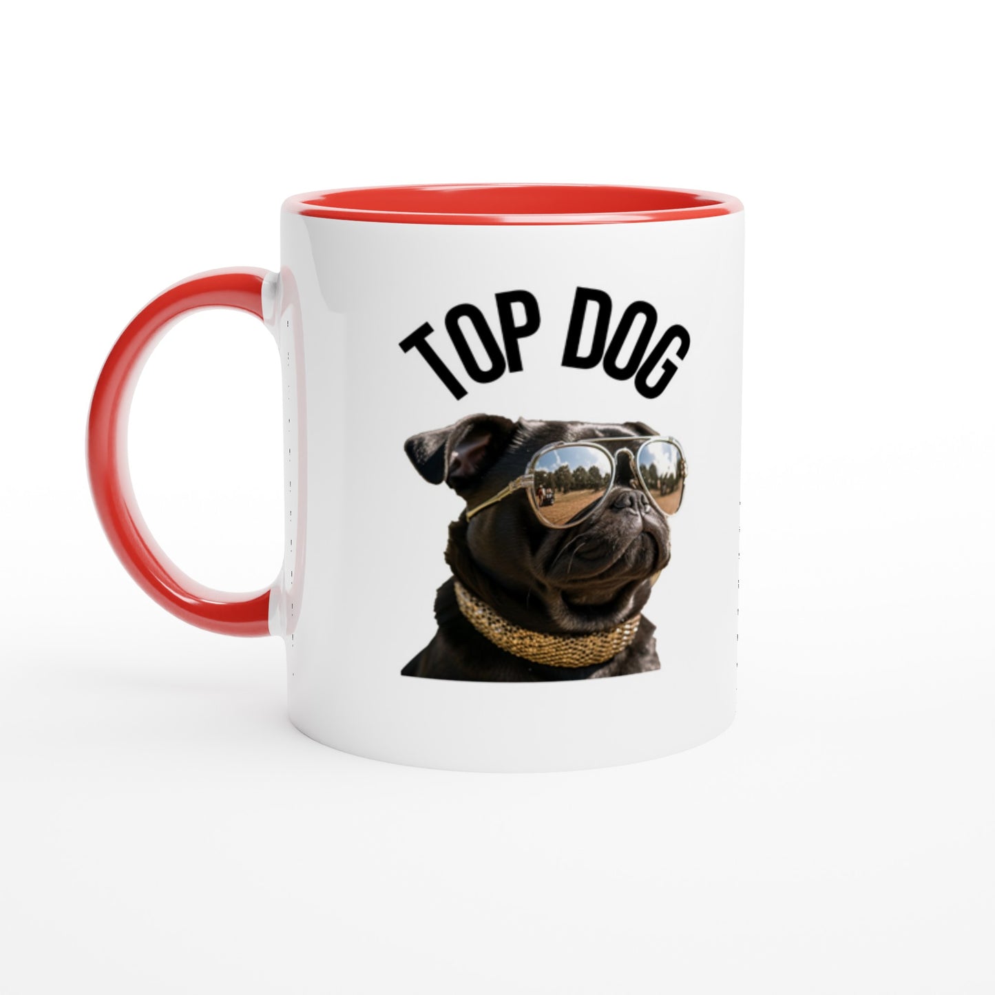 White mug with red handle, rim, and inside with the image of a black pug wearing reflective aviator sunglasses and a gold collar. The words "Top Dog" are written in an arc above the image.