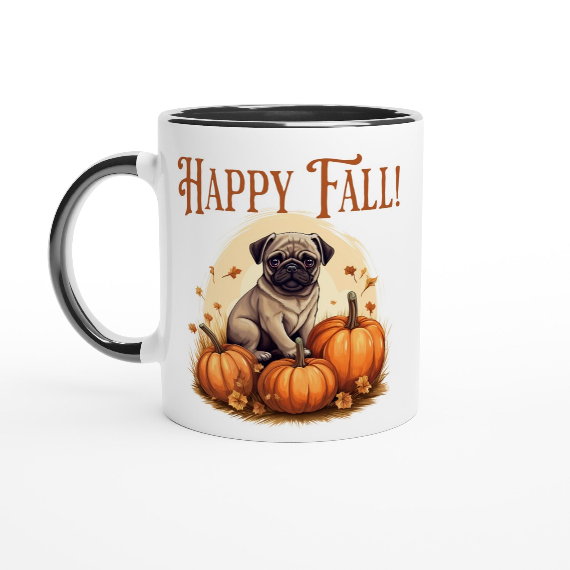 White mug with a black handle, rim, and inside with a picture of a pug sitting in a pumpkin patch