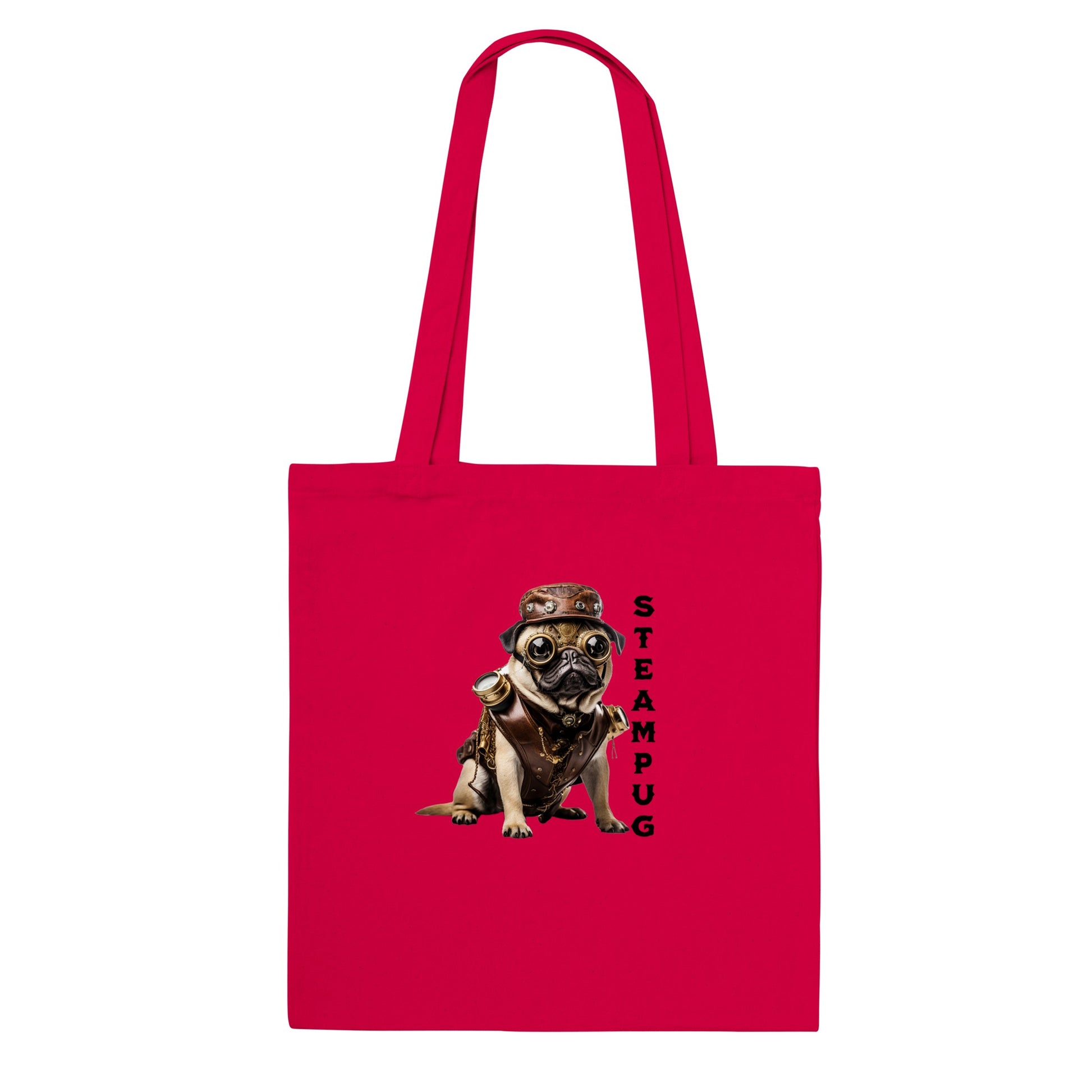 Red tote bag with a pug dressed in a steampunk-style  outfit, goggles, and hat with the word "Steampug" written down the right side of the image.