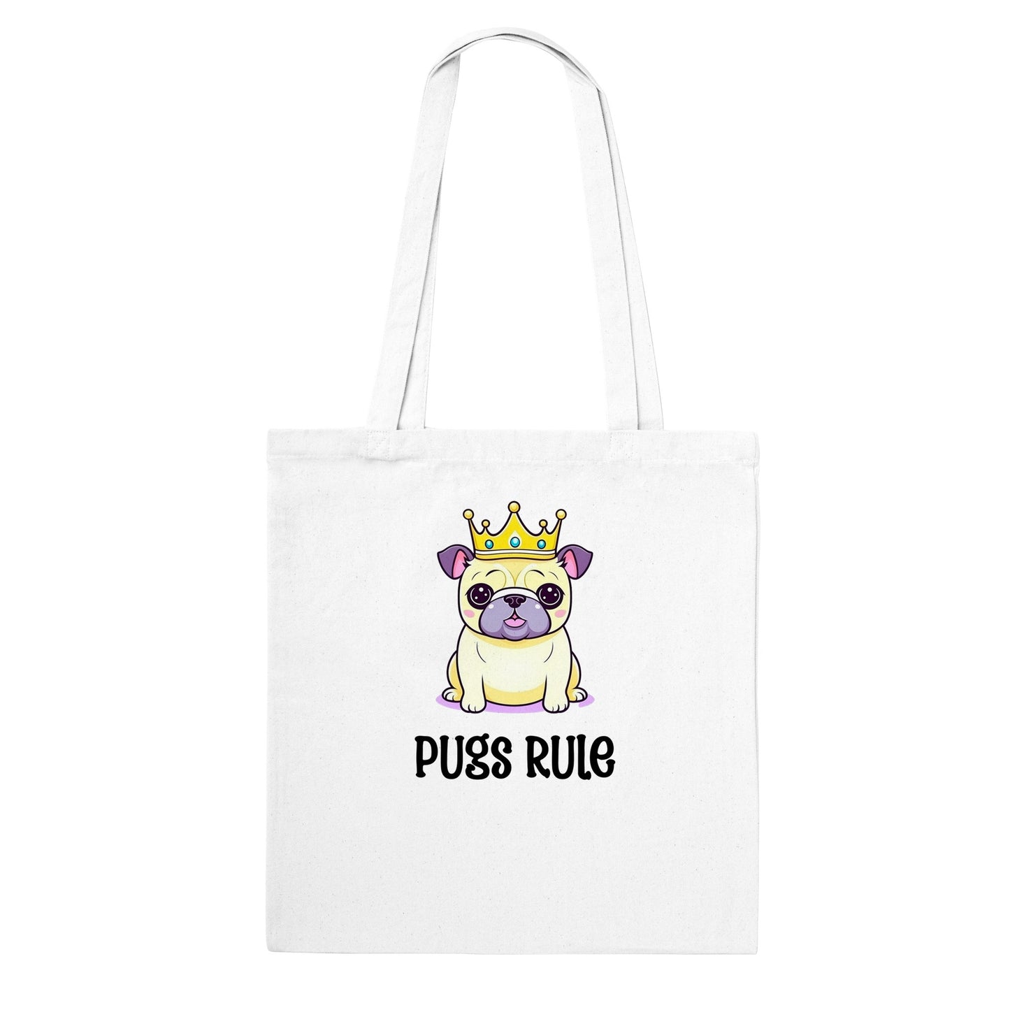 A white tote bag with an image of a kawaii icon-style pug wearing  a crown with the words "Pugs rule" underneath the image