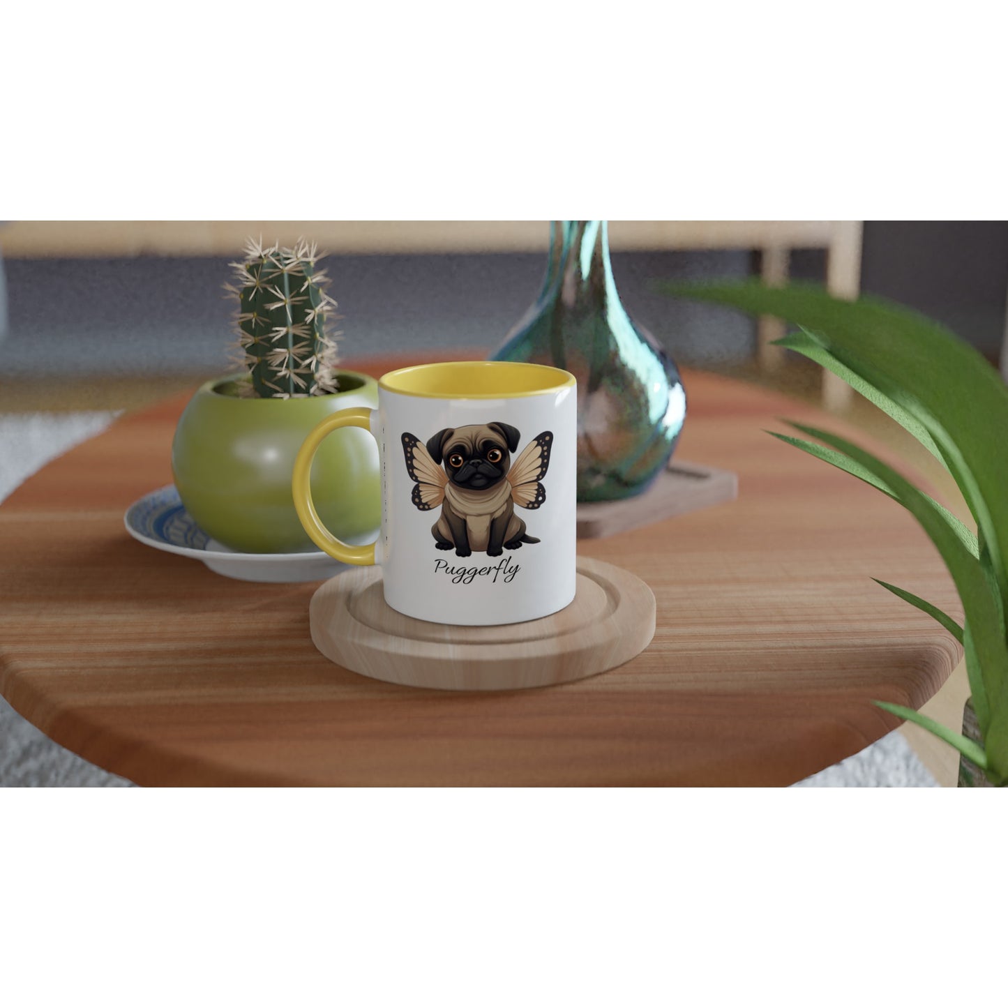 Puggerfly -- White 11oz Ceramic Pug Mug with Color Inside