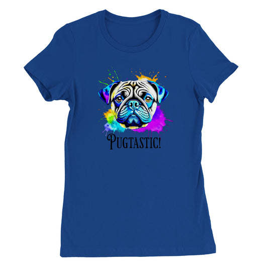 Blue t-shirt with the image of a pug done in blues, beige,  and  purple with splotches of orange, yellow, green , blue, and purple around it.  The word "Pugtastic!" is written beneath the image in all caps.