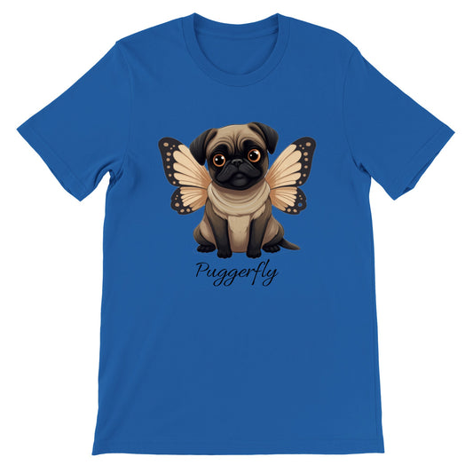 Blue t-shirt with a cartoon style picture of a fawn-colored pug with orangey-beige butterfly wings attached to her back and big sad eyes. The word "Puggerfly" is beneath the image.