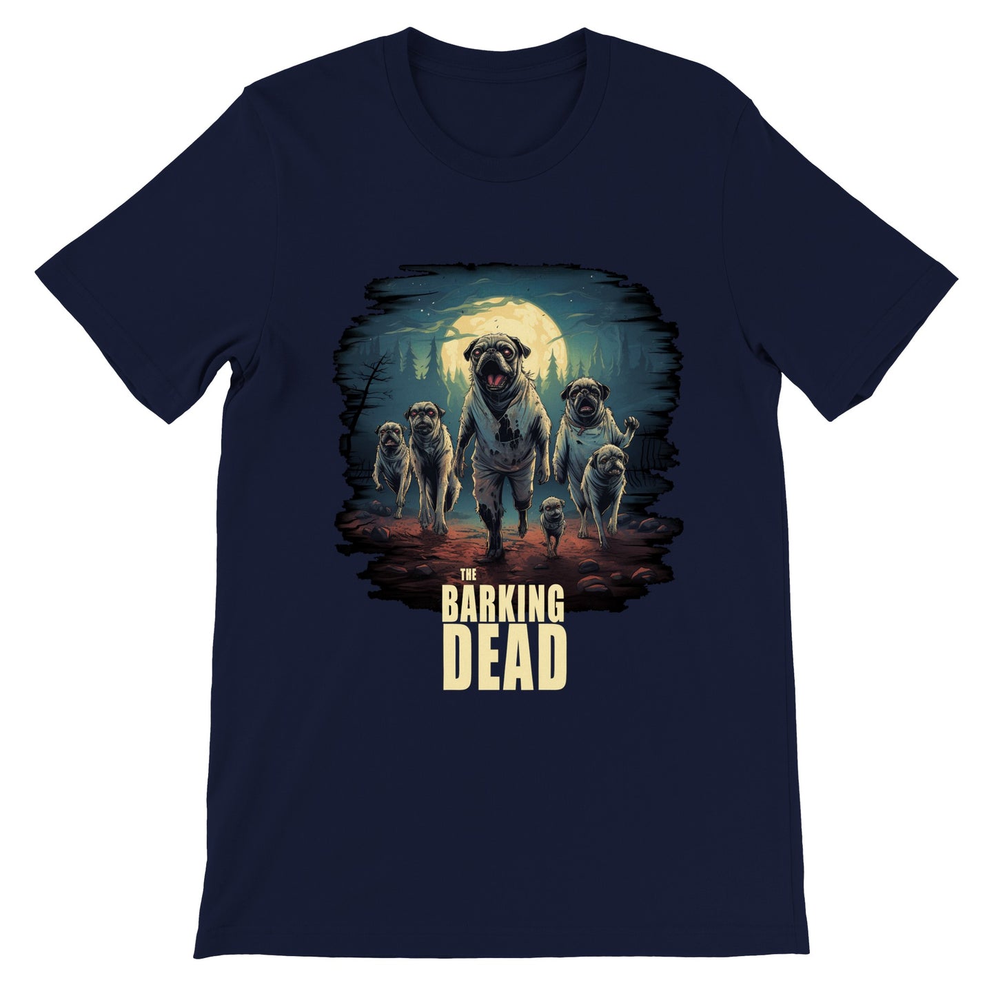 Navy t-shirt with the image of a group of zombie pugs walking through a forest on a spooky moonlit night with the words "The barking dead" underneath the image