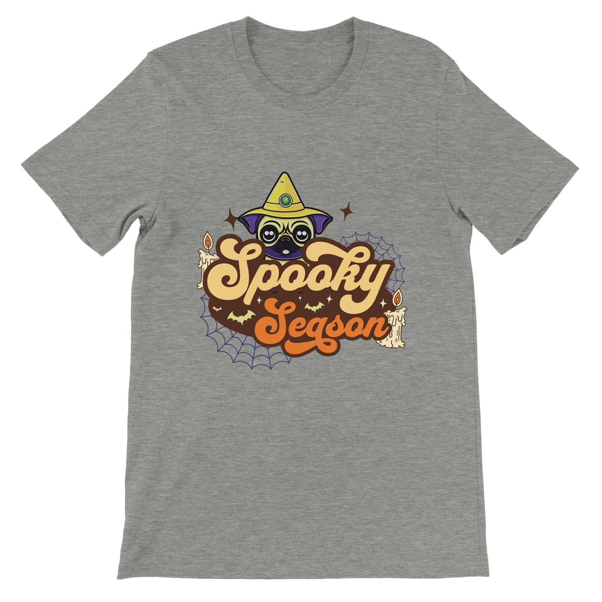 Athletic heather gray t-shirt with the image of a pug's head in a witch's hat and the words "Spooky Season" below it. The image also has cobwebs, bats, and candles in it.