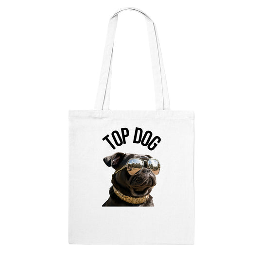 White tote bag with the image of a black pug wearing reflective aviator sunglasses and a gold collar. The words "Top Dog" are written in an arc above the image.