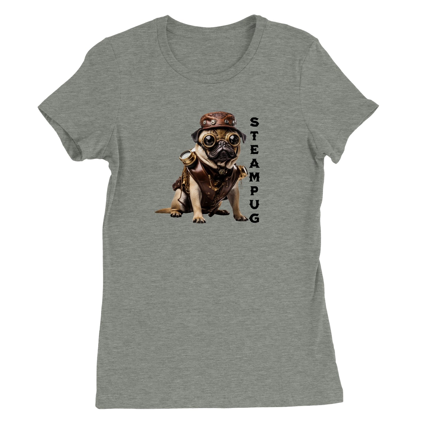 Athletic heather gray t-shirt with a pug dressed in a steampunk-style  outfit, goggles, and hat with the word "Steampug" written down the right side of the image.