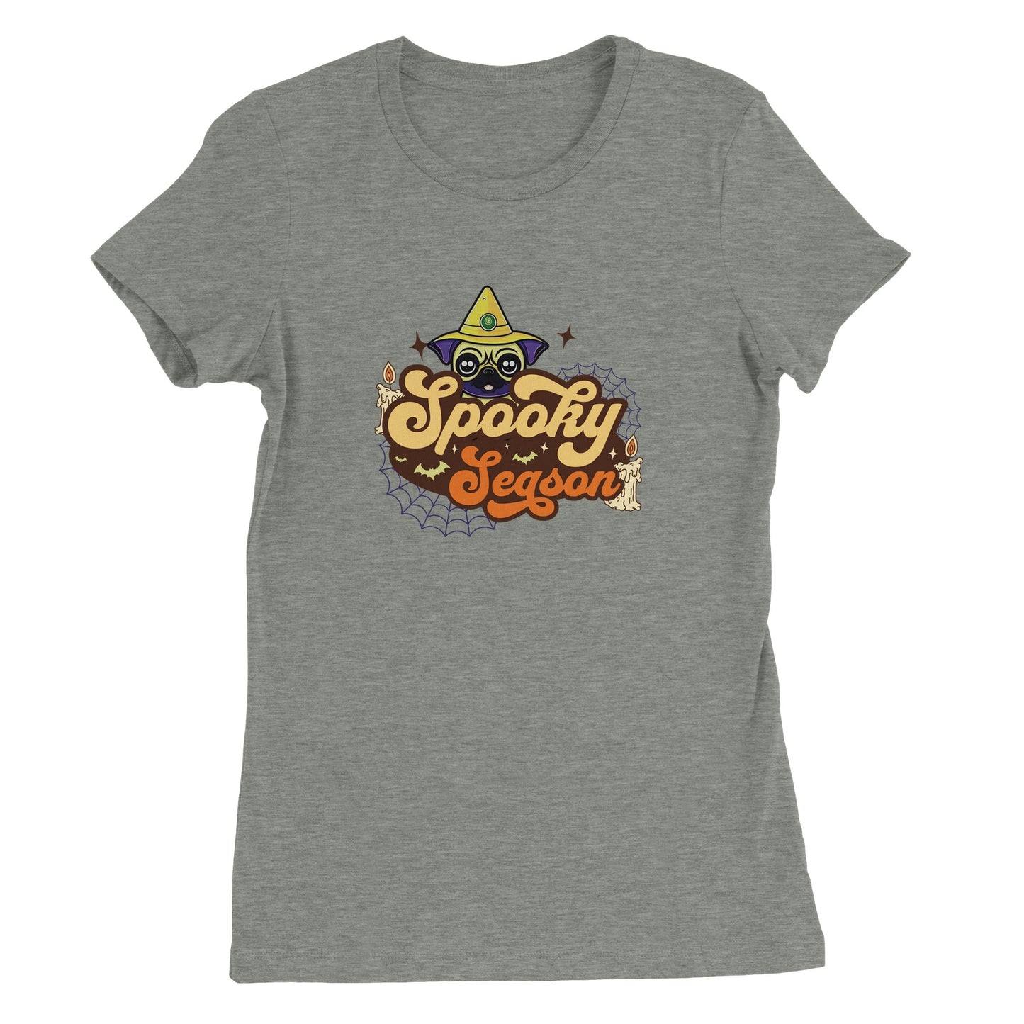 Athletic heather gray t-shirt with the image of a pug's head in a witch's hat and the words "Spooky Season" below it. The image also has cobwebs, bats, and candles in it.