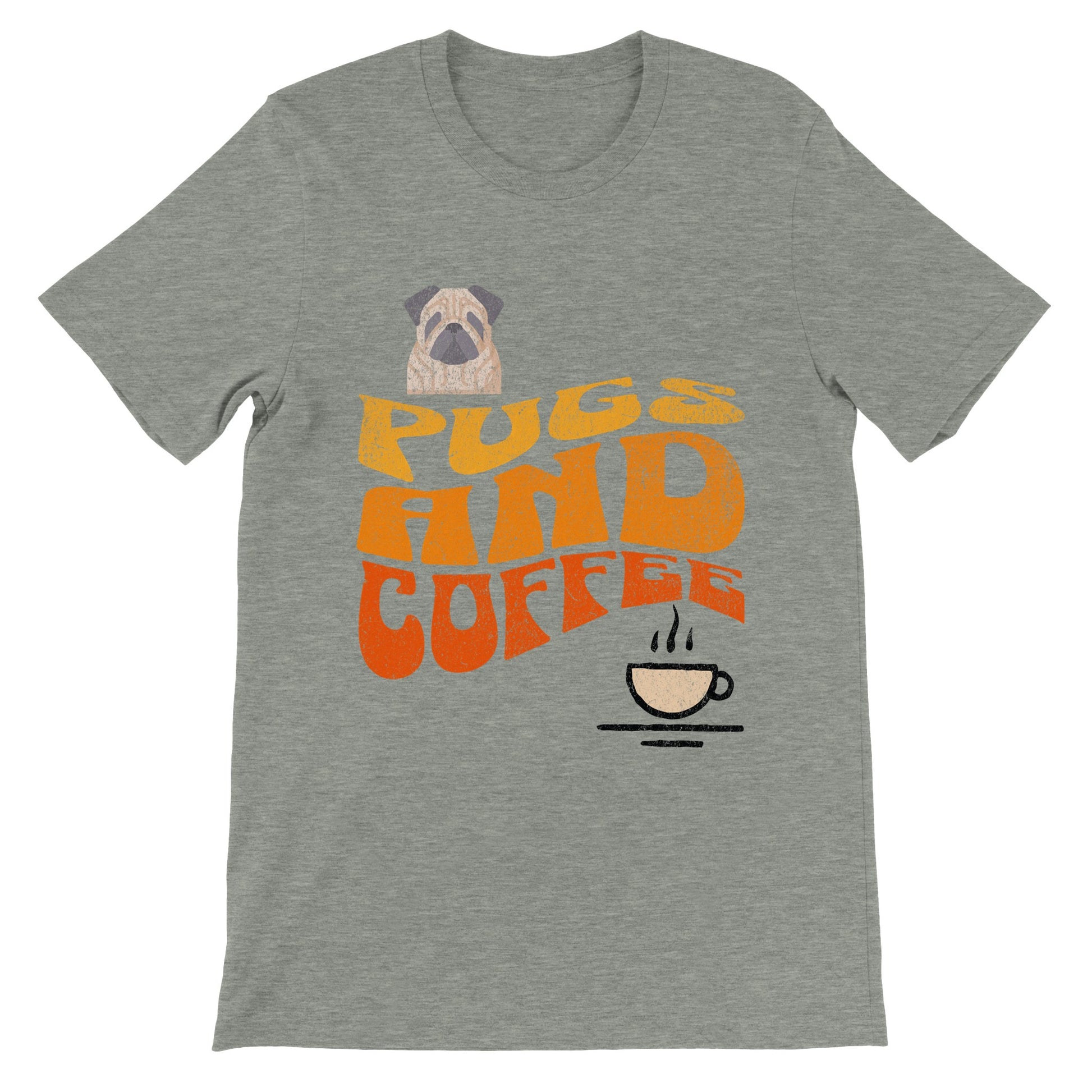 Gray heather t-shirt with  the words "Pugs and Coffee" in yellow, orange, and red in a retro, faded, wavy style. There is a picture of a cartoon pug above the words on the left and a line-drawing of a steaming cup of coffee below the words on the right.