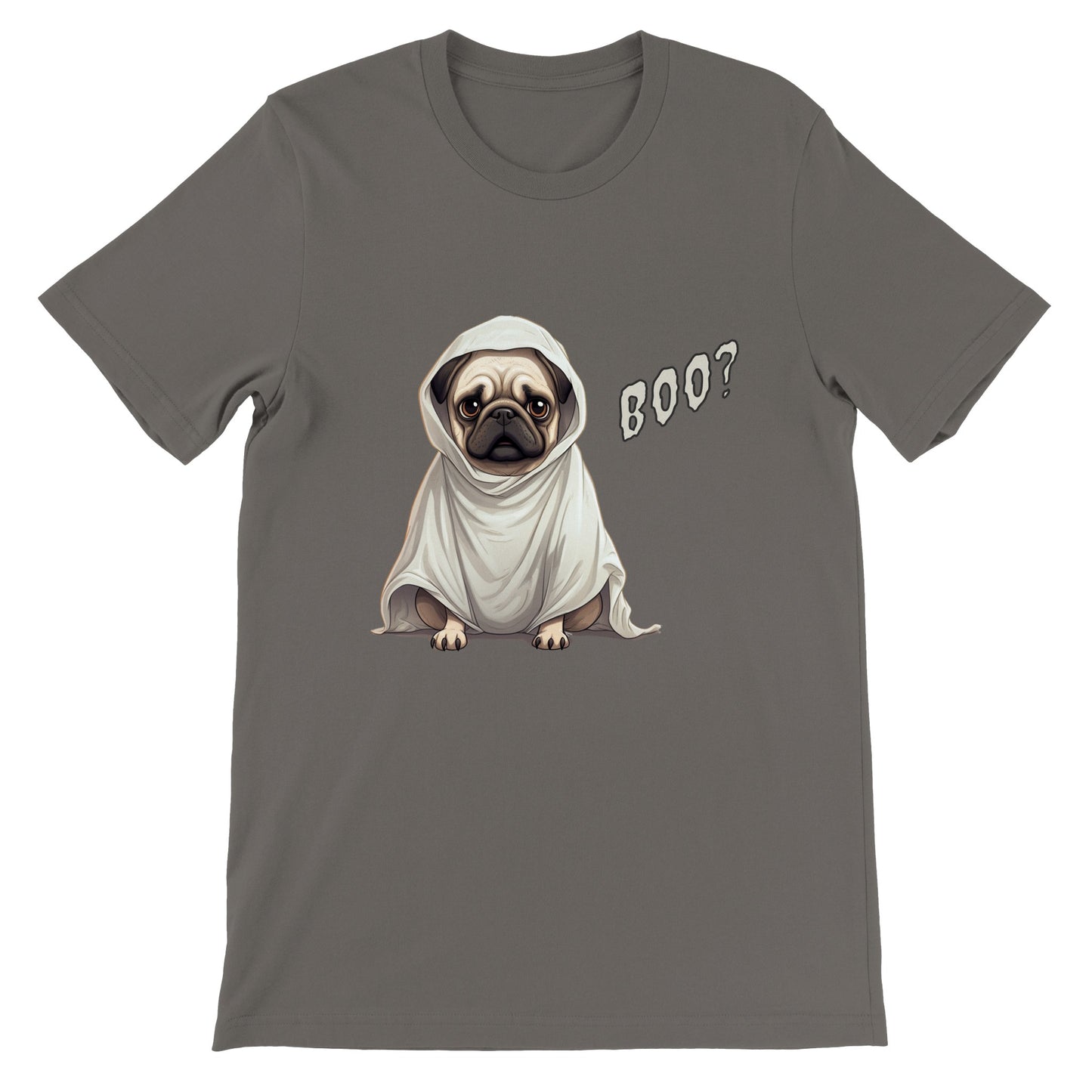 Asphalt gray t-shirt with a fawn-colored cartoon-style pug on it. The pug has a concerned expression and is wearing a ghost costume. The word "Boo?" is on the right side of the image.