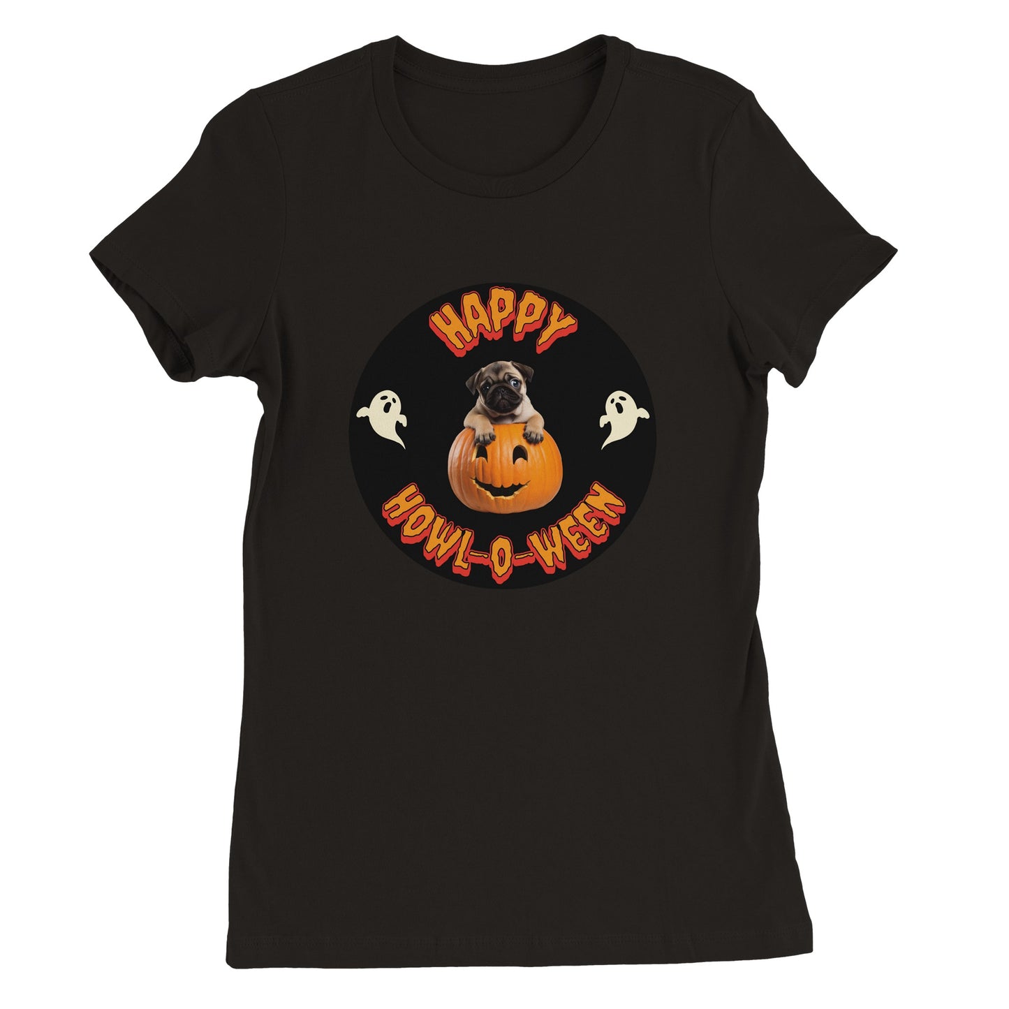 Black t-shirt with a black circle in the middle. Centered in the circle is a pug puppy climbing out of a jack-o-lantern with the word "Happy" in orange spooky letters curved above the image and "Howl-o-ween" in orange spooky letters curved below the image and a white ghost on either side of the image.