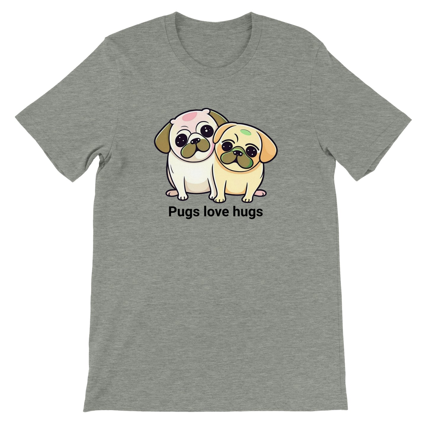 Athletic heather gray t-shirt with two pugs sitting snuggled next to each other. The pugs are drawn in a cartoon Kawaii-icon style and one is more white-beige and the other iis yellow-beige. Underneath the pugs are the words "pugs love hugs."