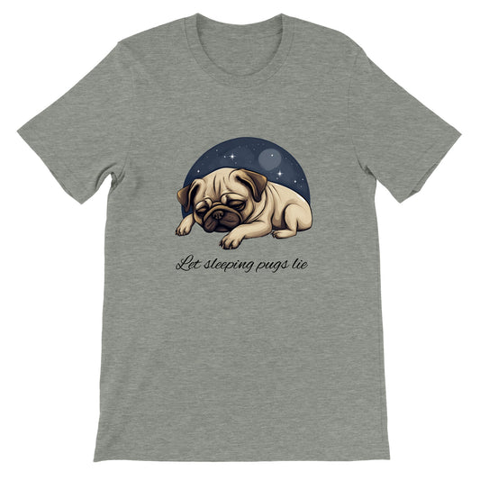 Athletic heather gray t-shirt with a cartoonish picture of a sleeping pug surrounded by a half-circle of starry night sky with the words "Let sleeping pugs lie" under the image in cursive lettering.