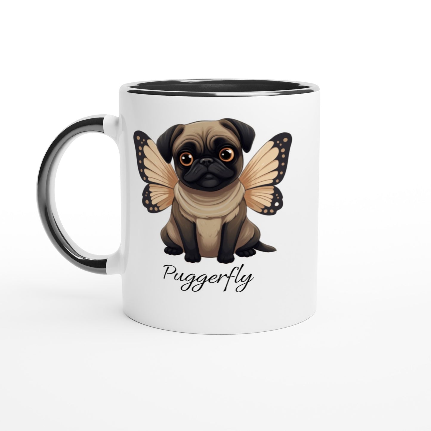 Puggerfly -- White 11oz Ceramic Pug Mug with Color Inside