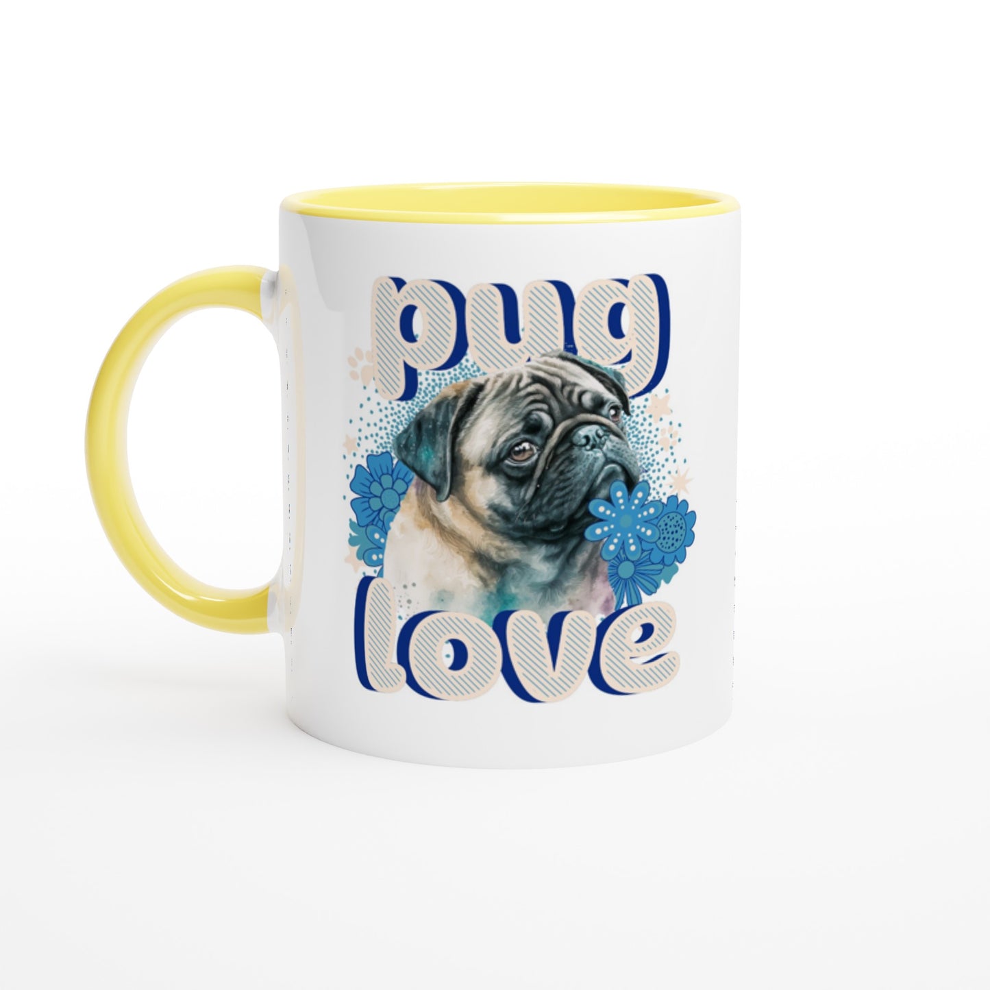 White mug with a yellow handle, rim, and inside with the design of a pug's head and shoulders surrounded by blue flowers and white stars and paw prints with the word "pug" above and the word "love" below in puffy bubble letters.