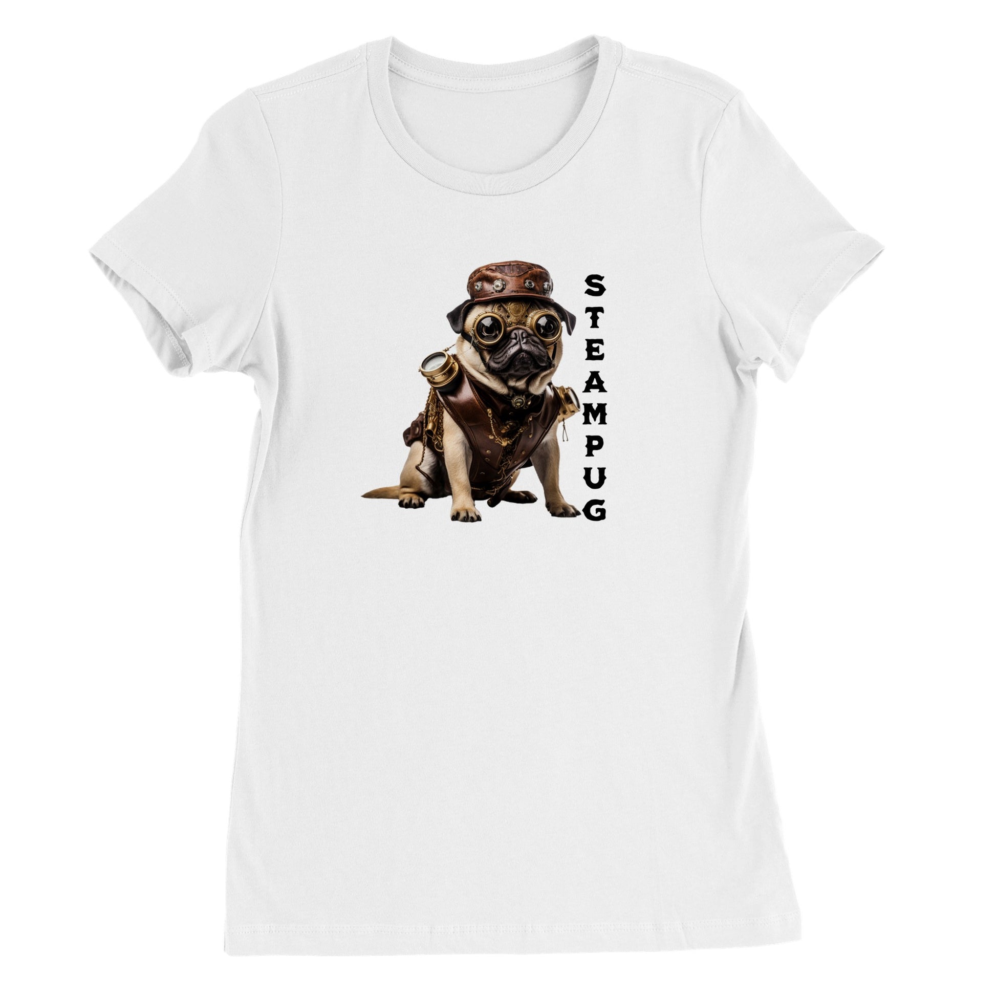 White t-shirt with a pug dressed in a steampunk-style  outfit, goggles, and hat with the word "Steampug" written down the right side of the image.