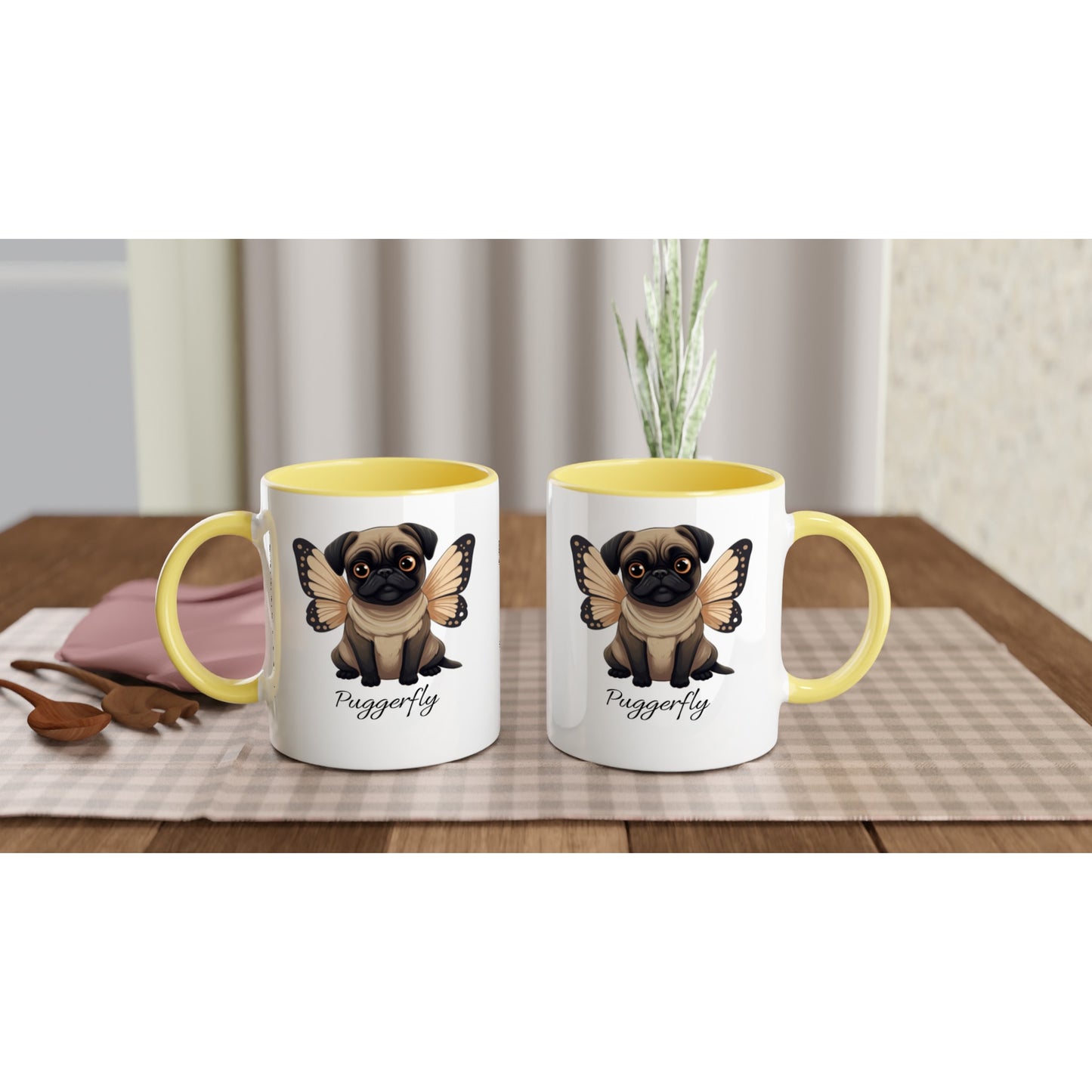 Puggerfly -- White 11oz Ceramic Pug Mug with Color Inside