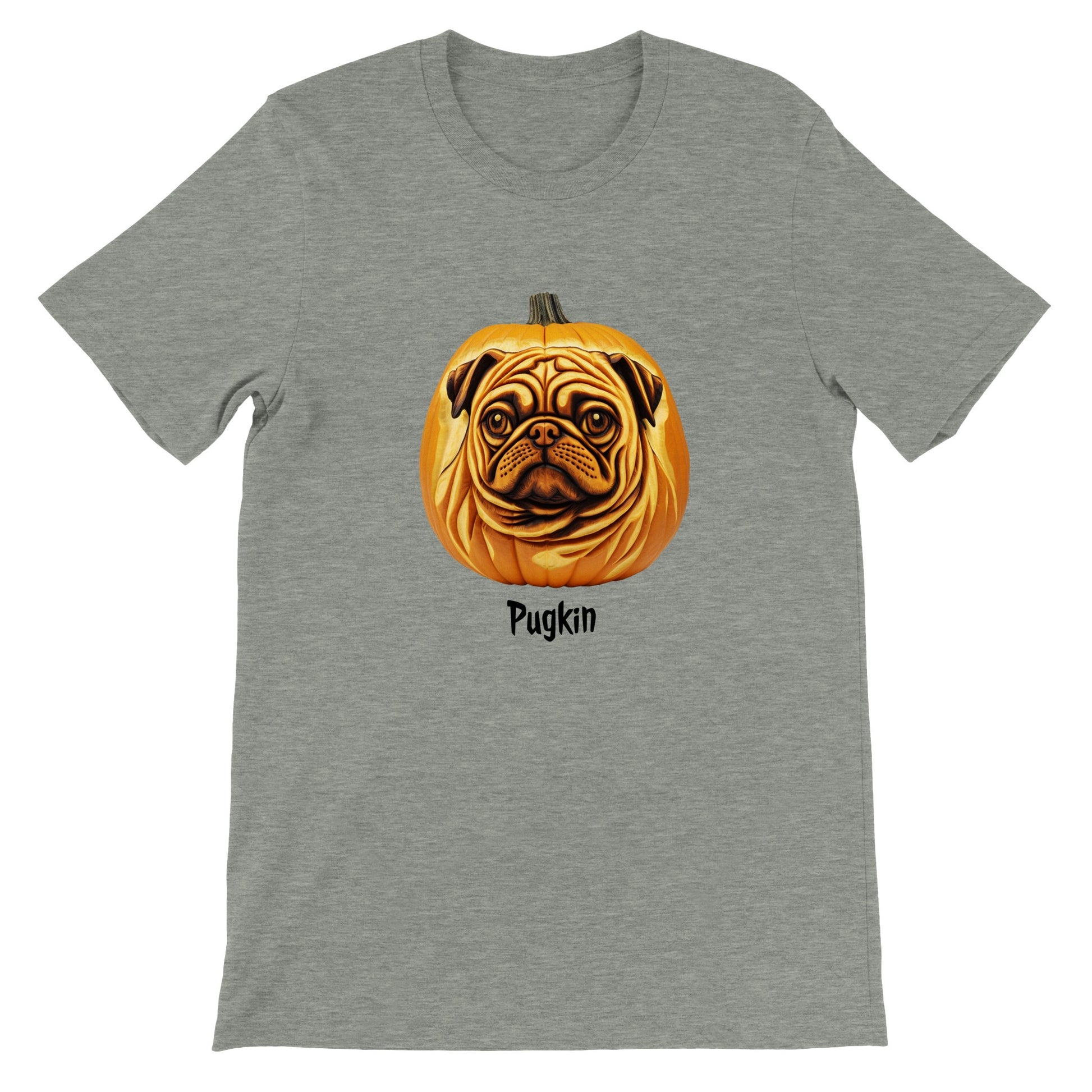 Athletic heather gray t-shirt with a pumpkin that has the face of a pug on it. The word Pugkin is written beneath the image.