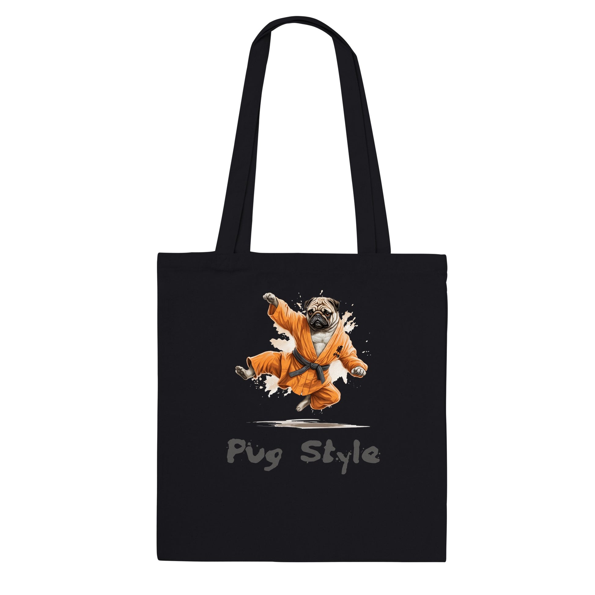 Black tote bag with a picture of a cartoon pug wearing an orange gi and doing a flying sidekick with the words "Pug Style" written underneath.