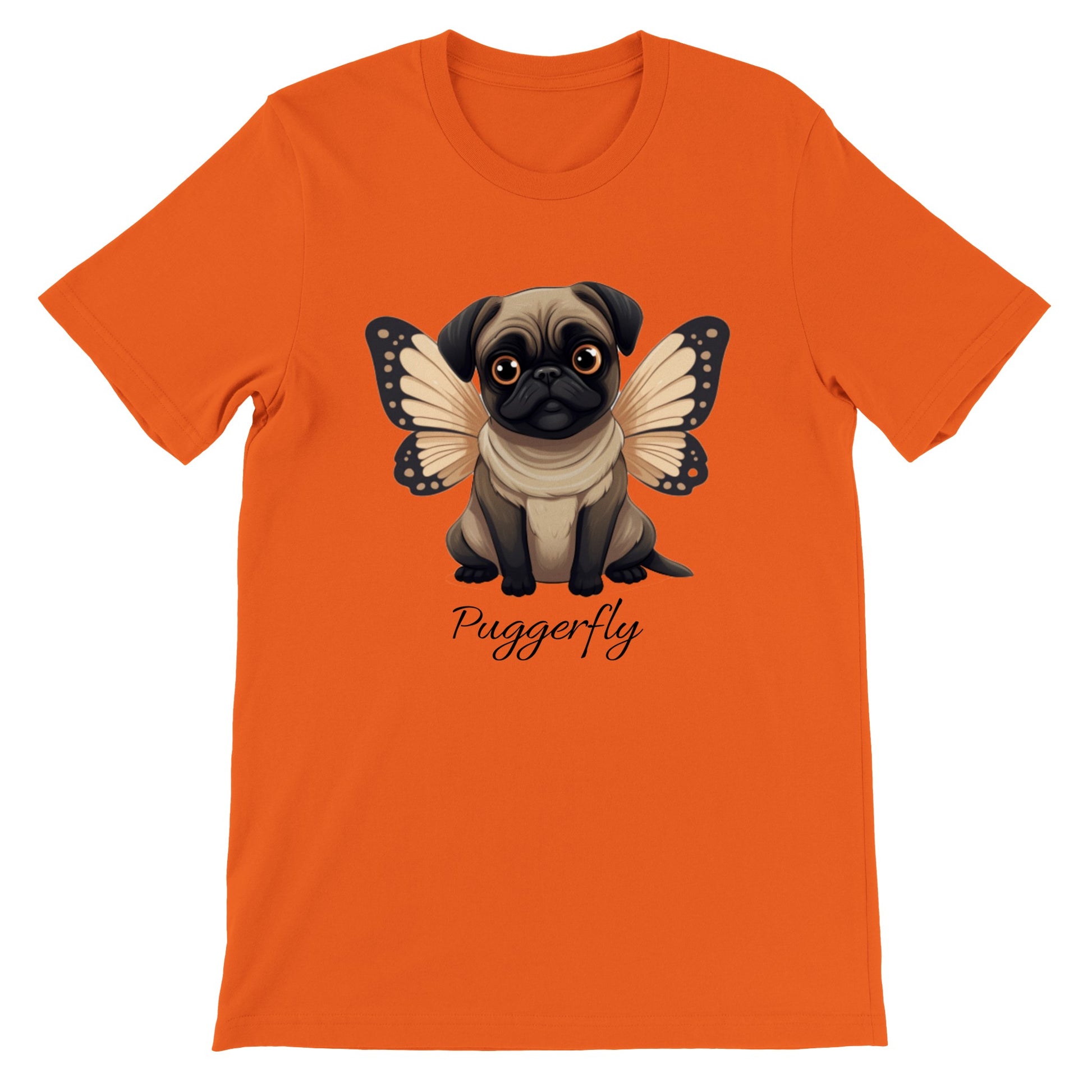 Orange t-shirt with a cartoon style picture of a fawn-colored pug with orangey-beige butterfly wings attached to her back and big sad eyes. The word "Puggerfly" is beneath the image.