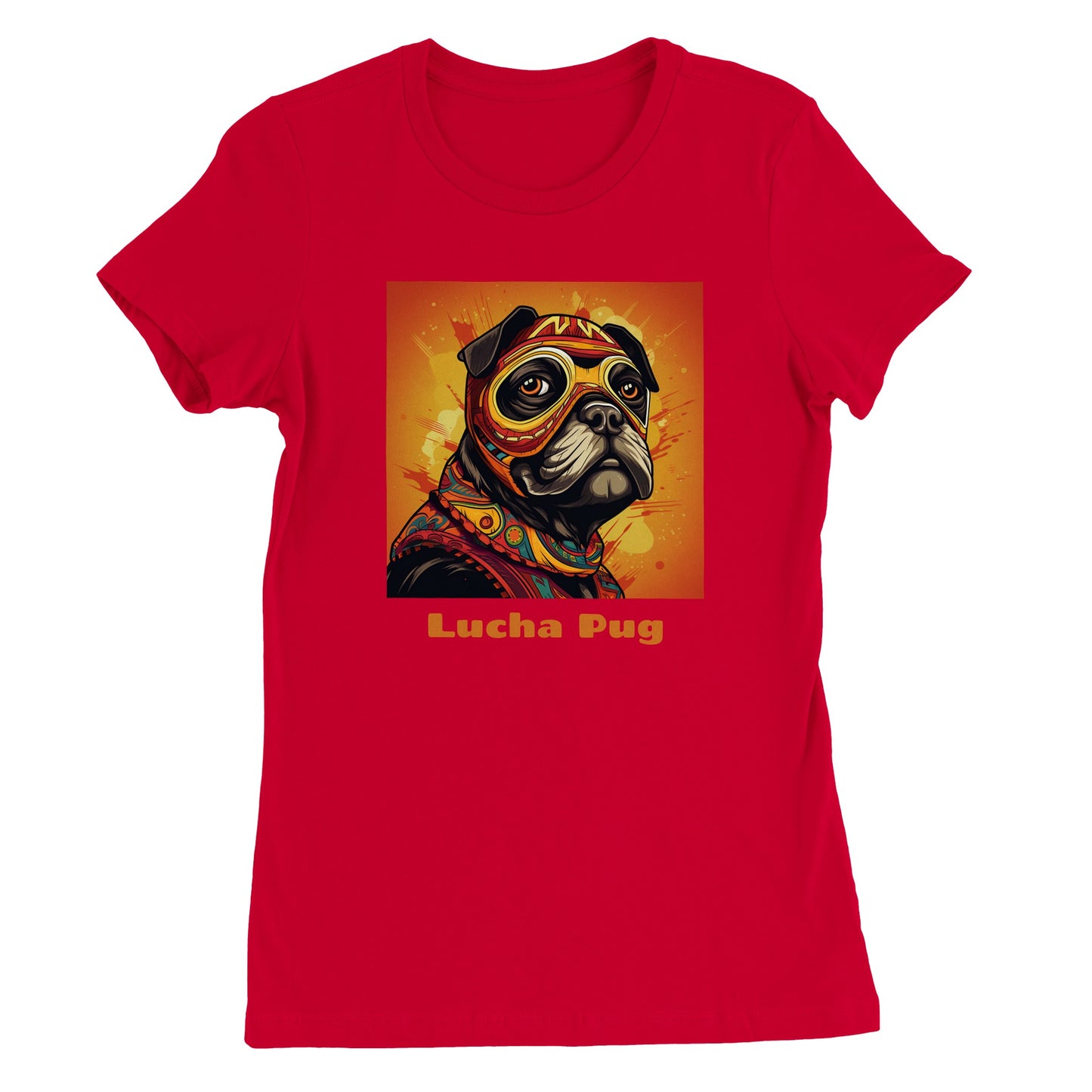 Red t-shirt with the head and shoulders of a  black pug in a colorful lucha mask and outfit on an orange background with the words "Lucha Pug" under the image.