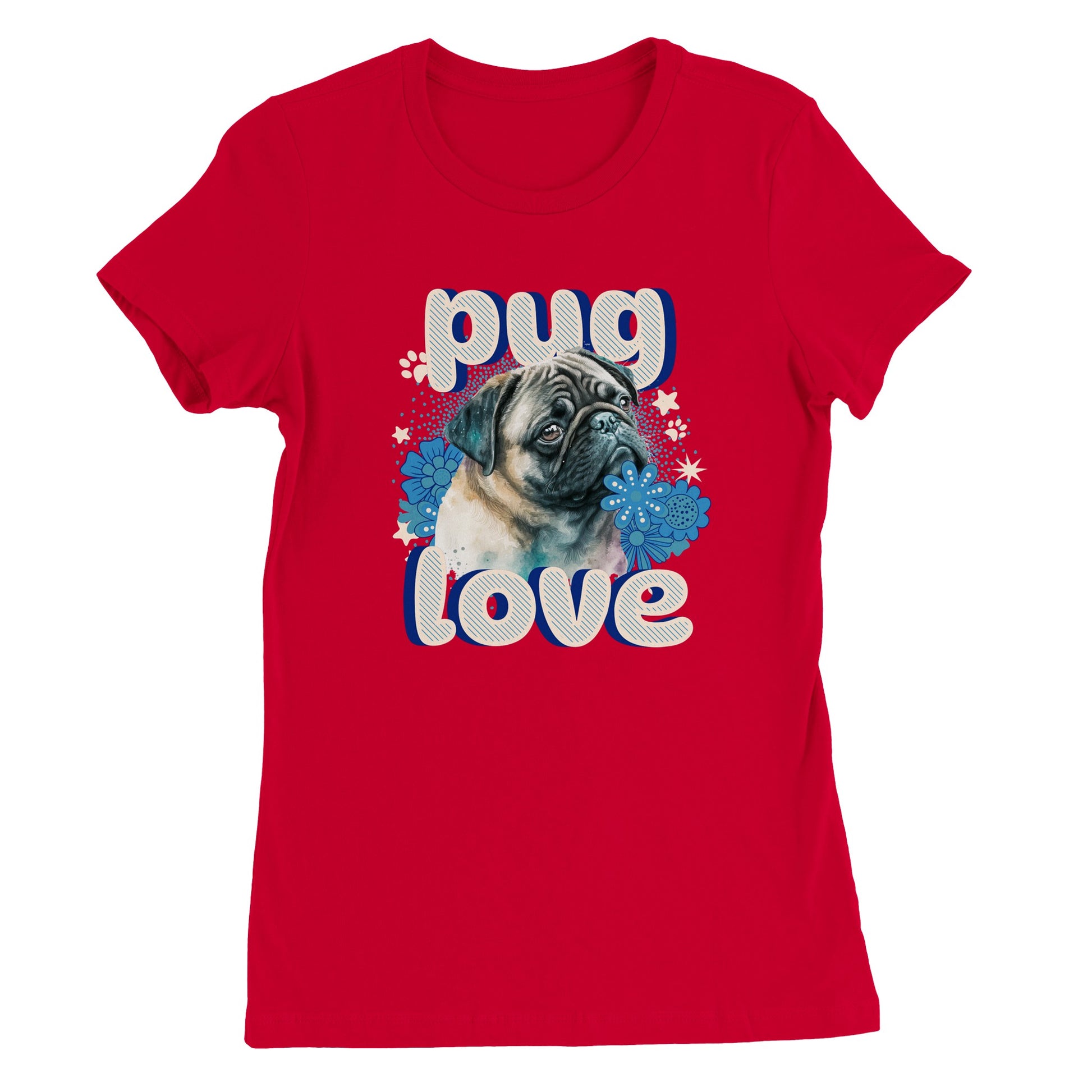 Red t-shirt with a pug's head and shoulders surrounded by blue flowers and white stars and paw prints with the word "pug" above and the word "love" below in puffy bubble letters.