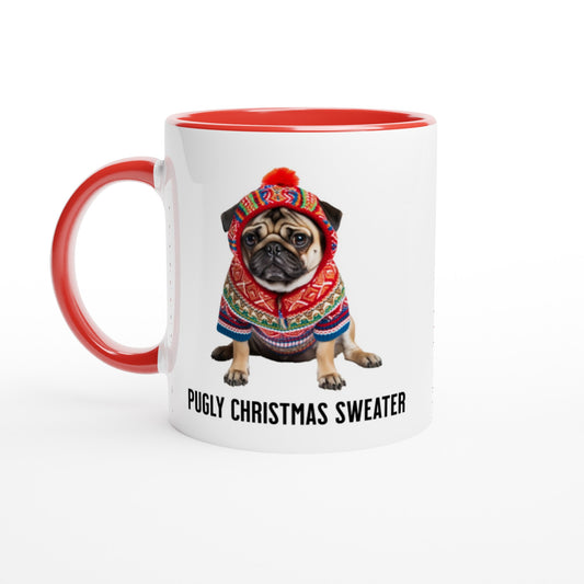 White ceramic mug with red handle, lip, and inside with a picture of a miserable-looking pug wearing an ugly Christmas sweater with a hood on it and the words "Pugly Christmas Sweater" below the image.