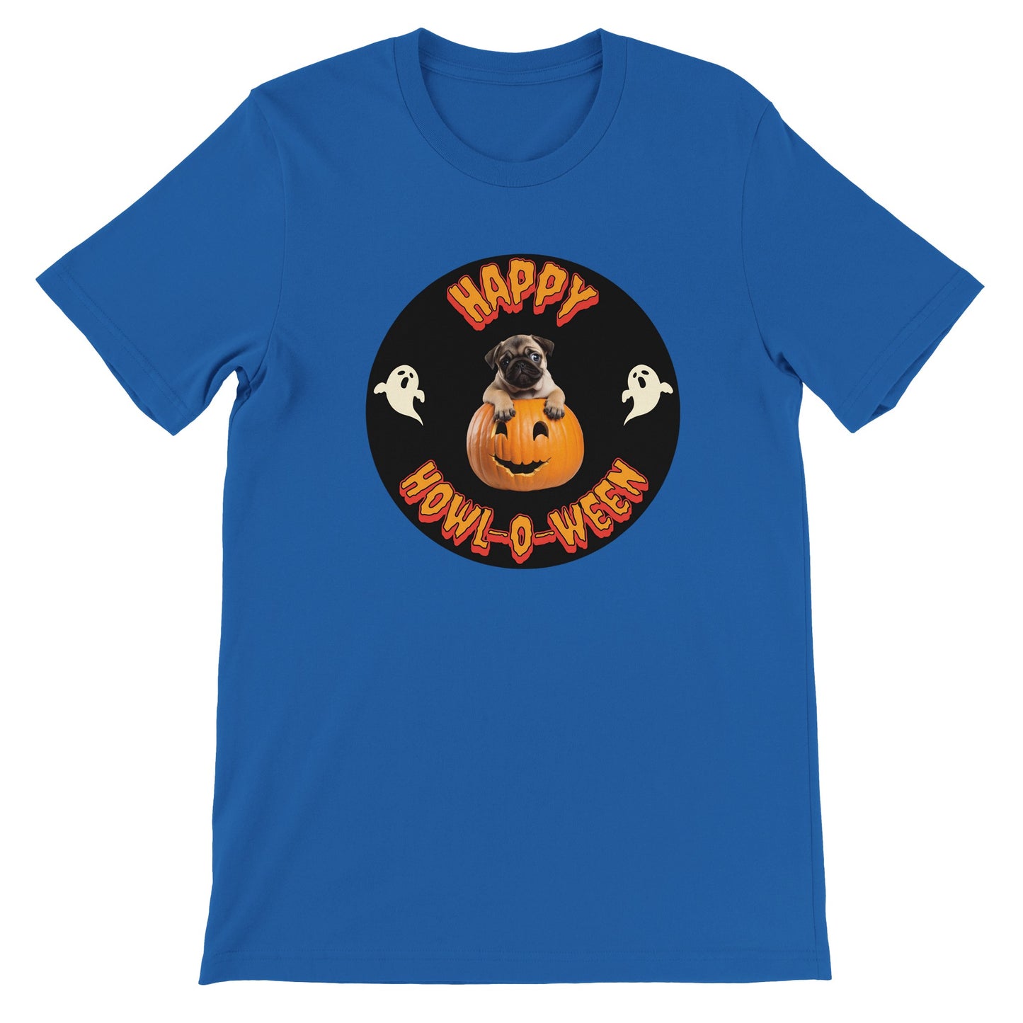 Royal blue t-shirt with a black circle in the middle. Centered in the circle is a pug puppy climbing out of a jack-o-lantern with the word "Happy" in orange spooky letters curved above the image and "Howl-o-ween" in orange spooky letters curved below the image and a white ghost on either side of the image.