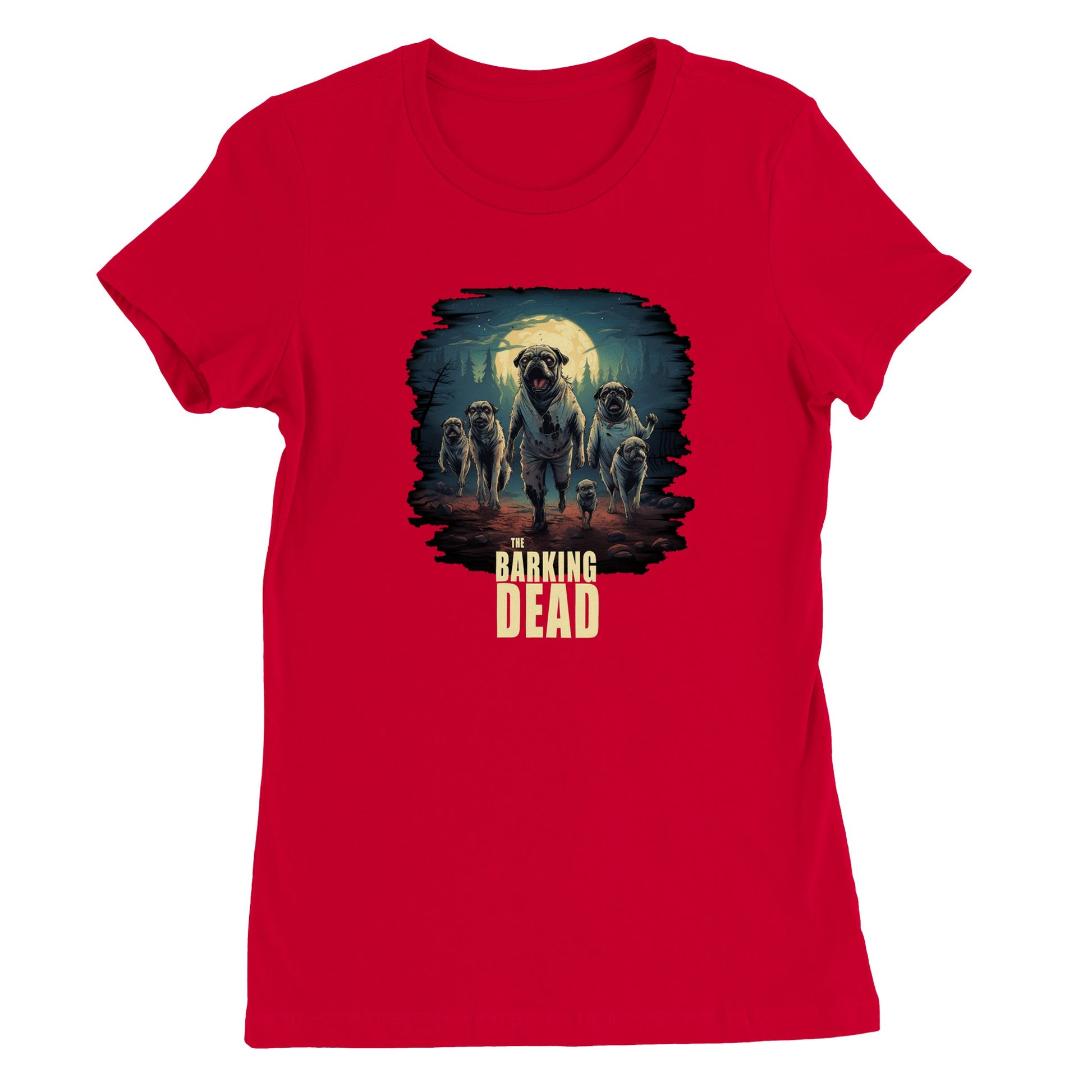 Red t-shirt with the image of a group of zombie pugs walking through a forest on a spooky moonlit night with the words "The barking dead" underneath the image